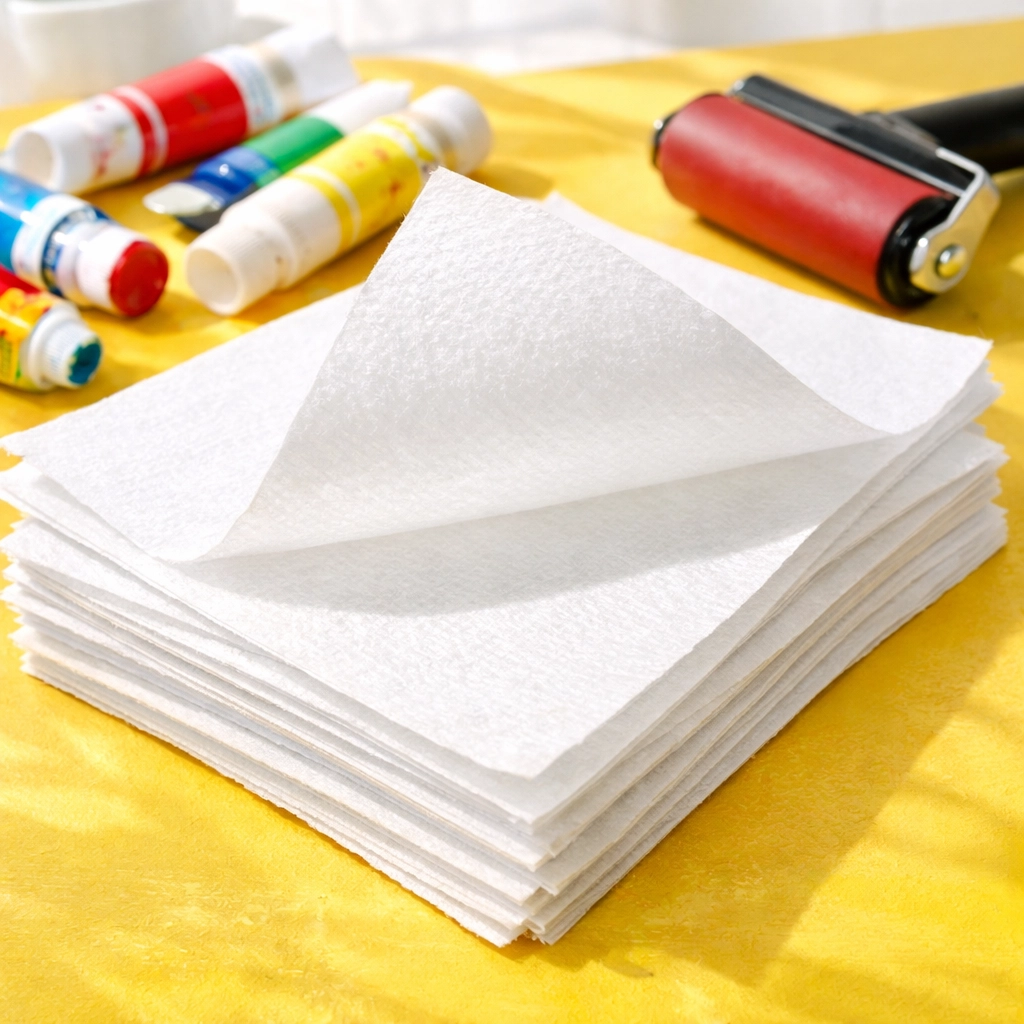 Wet strength tissue paper sheets with acrylic paints and brayer for gel plate printing