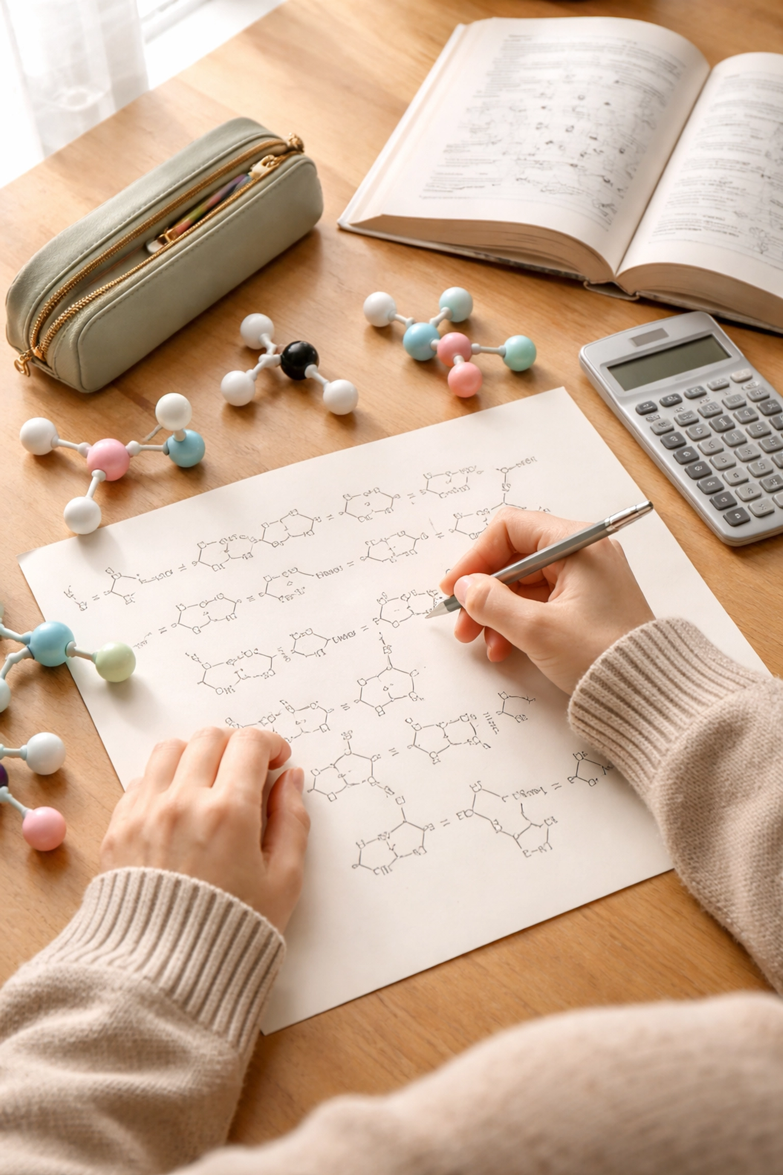 Student solving advanced chemistry equations with model kits and study tools, preparing for A-levels