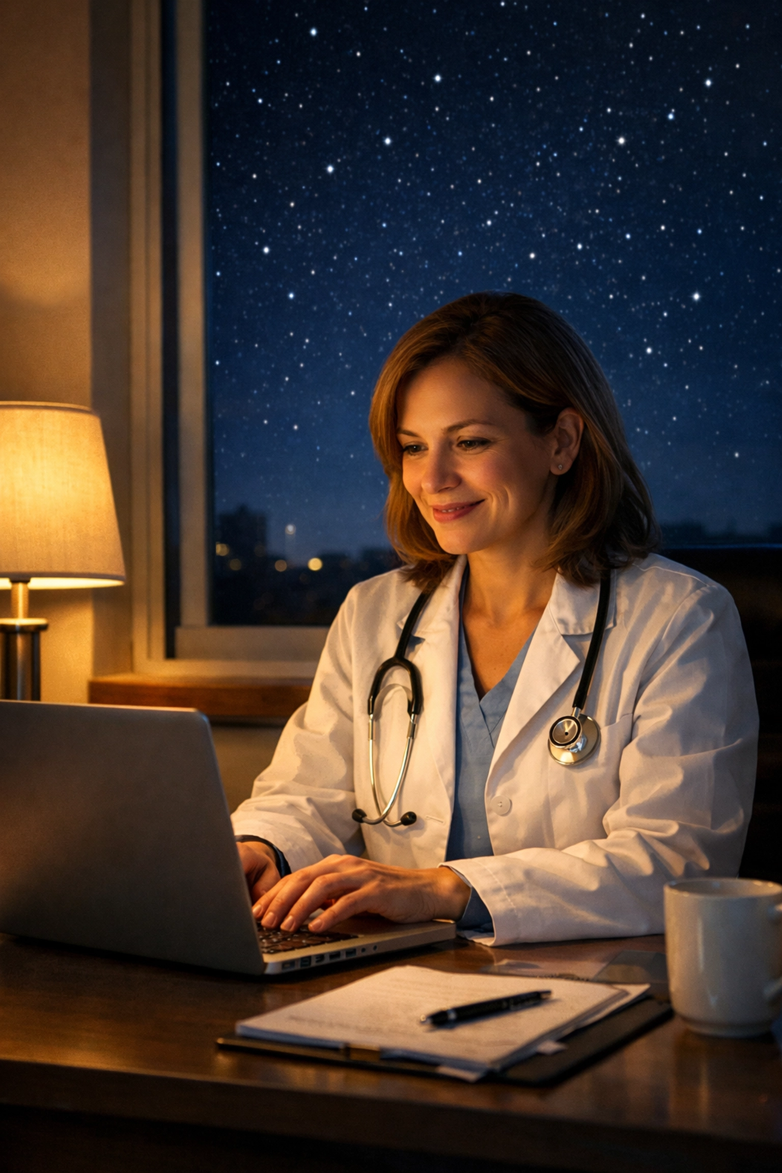 Female doctor working late at night providing 24/7 online medical chat services