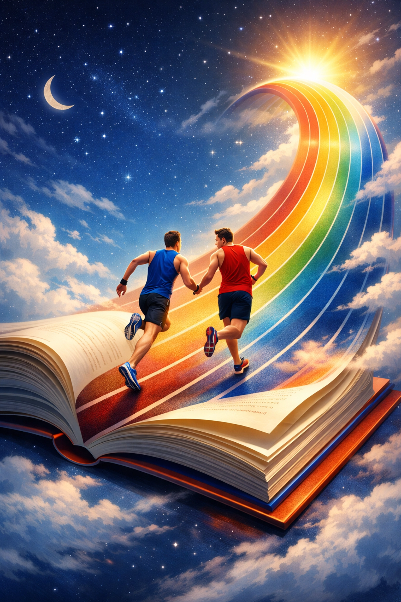 MM romance and sports merge as book pages transform into running track with gay athletes