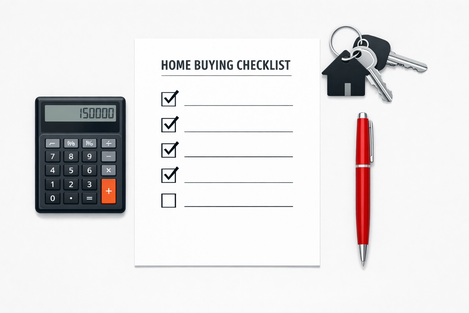 Liste de vérification pour acheteur avec clés et calculateur financier immobilier