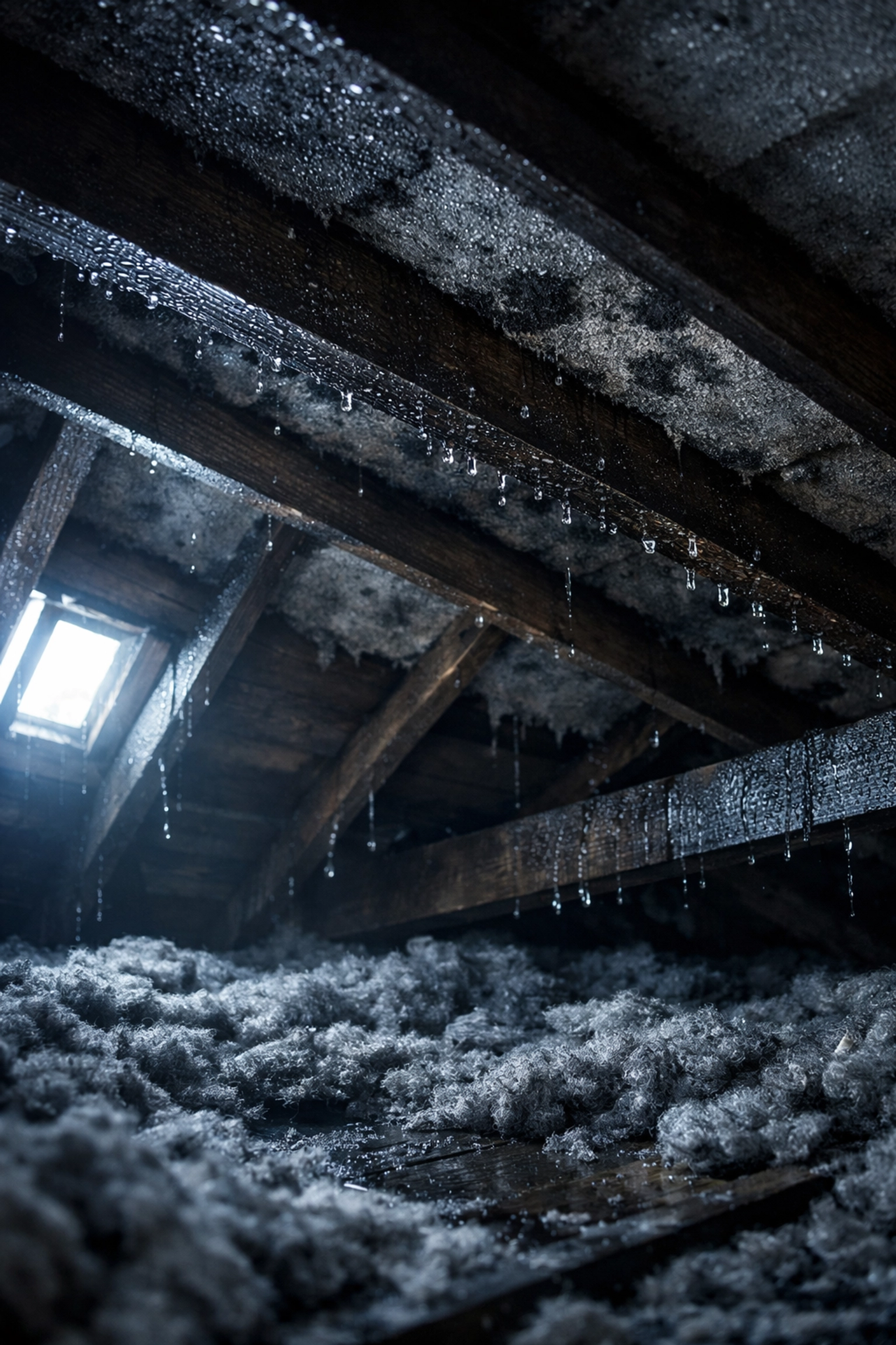 Loft condensation damage showing water droplets on roof timbers and damp insulation with mould growth