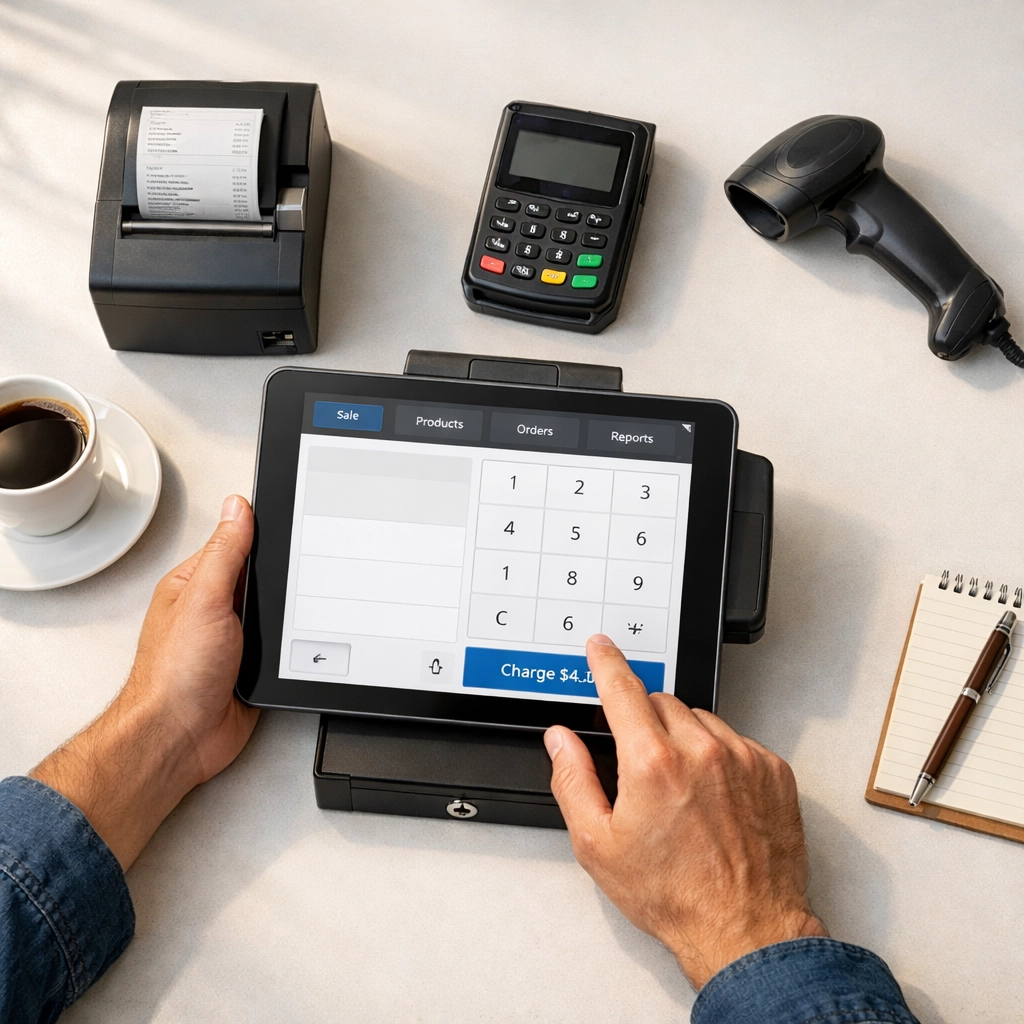 POS system hardware components including card reader, receipt printer and cash drawer