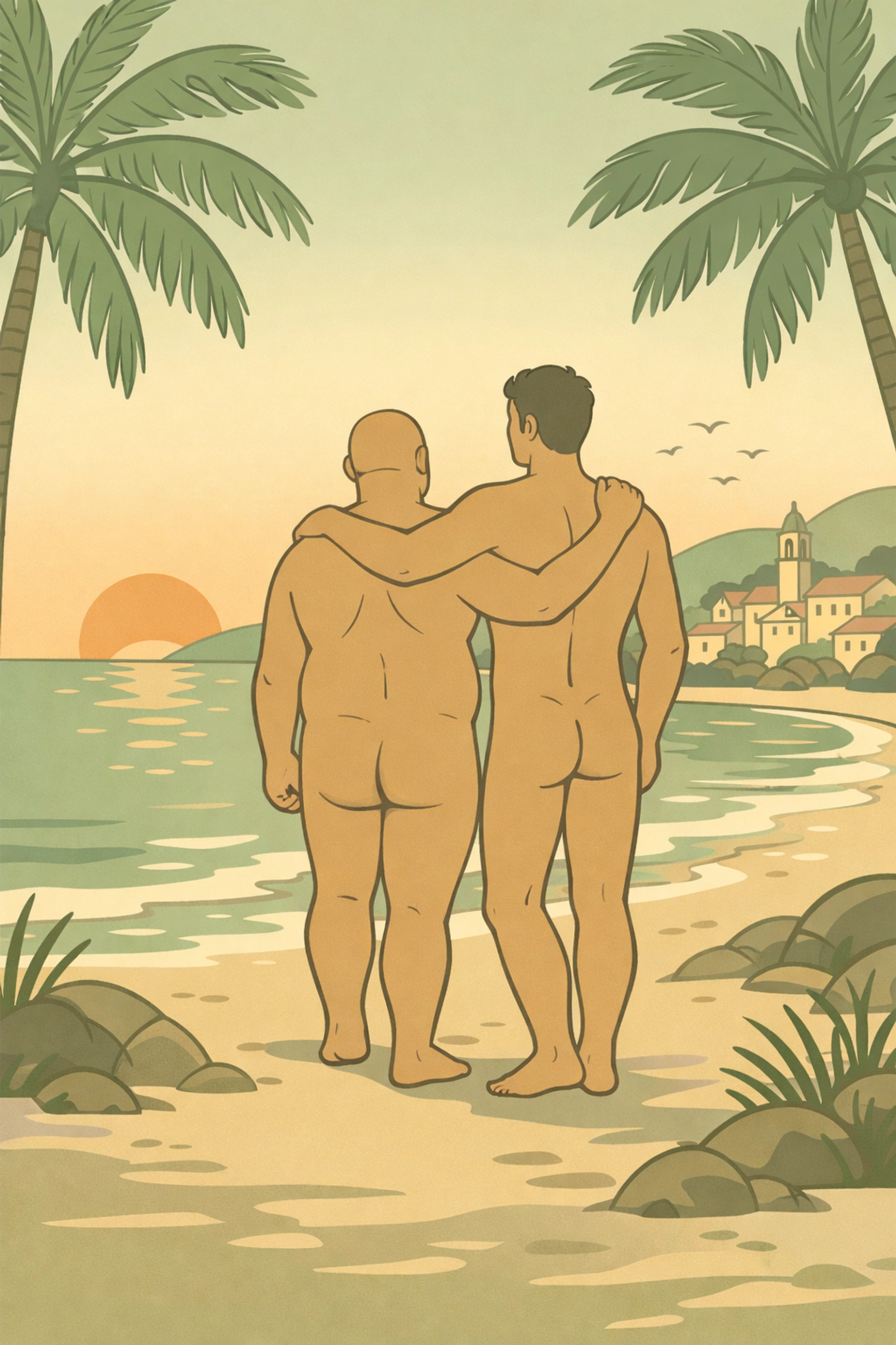 Gay romance with naturist themes and body positivity on European beach setting
