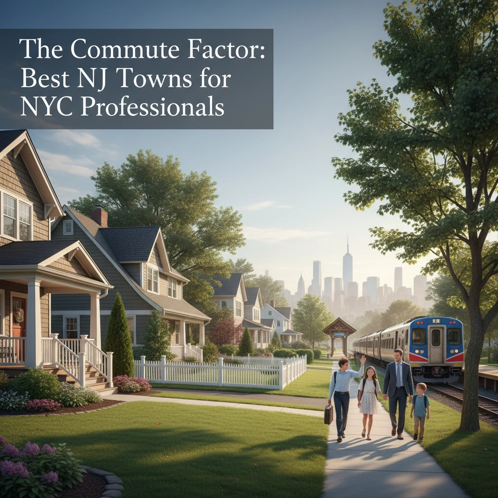 NJ commuter train approaching city with skyline