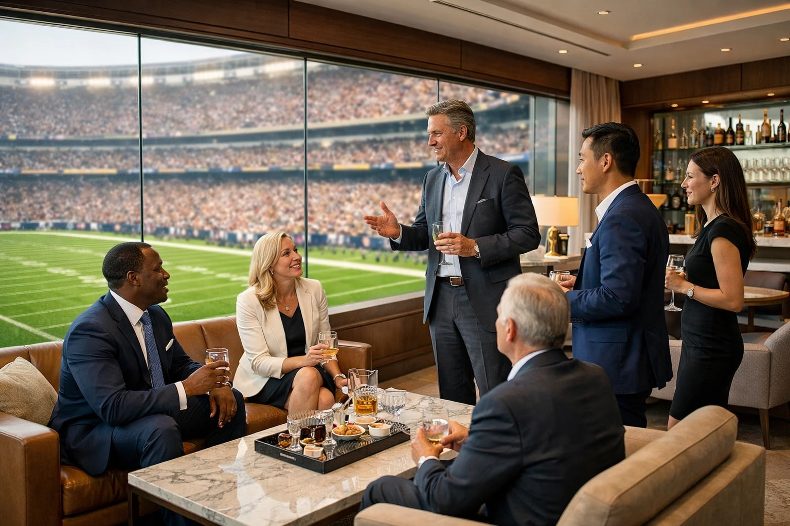 Executives networking in a luxury Super Bowl stadium suite during a corporate hospitality event.