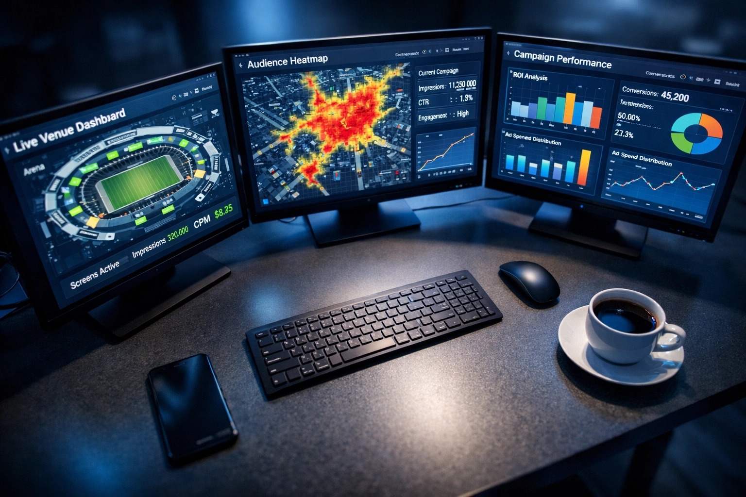 Programmatic DOOH dashboard displaying sports venue maps and campaign analytics for media planners