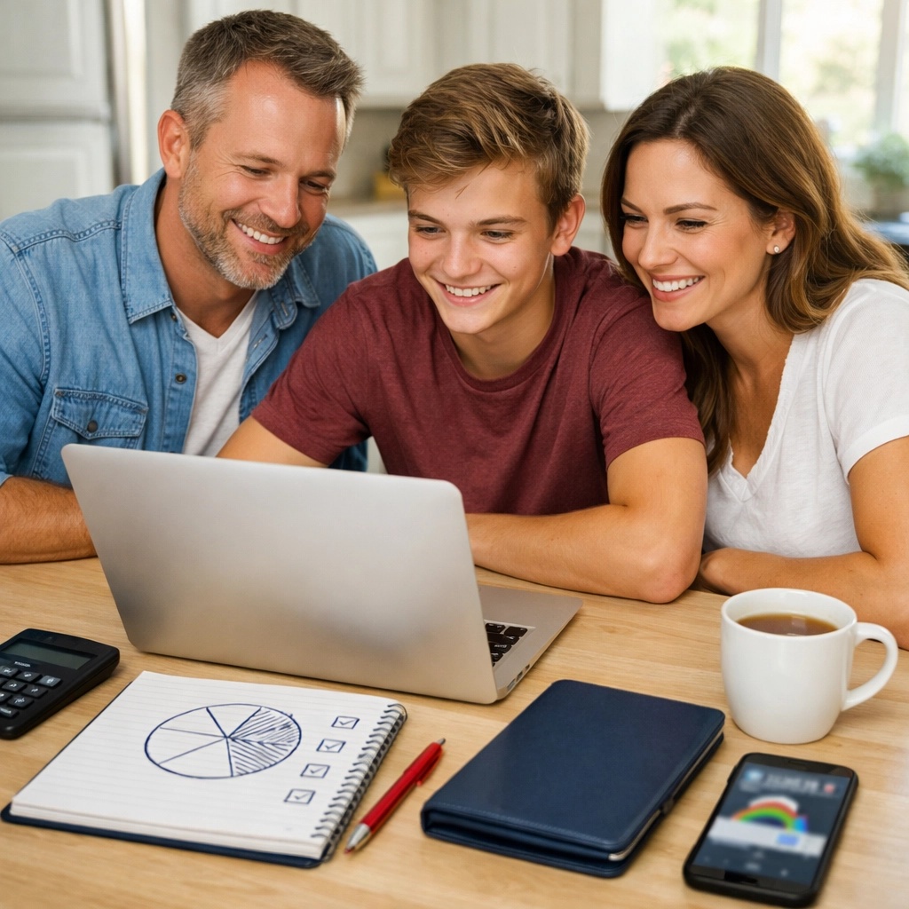 Texas family planning their credit score factors and building credit from scratch at a kitchen table.