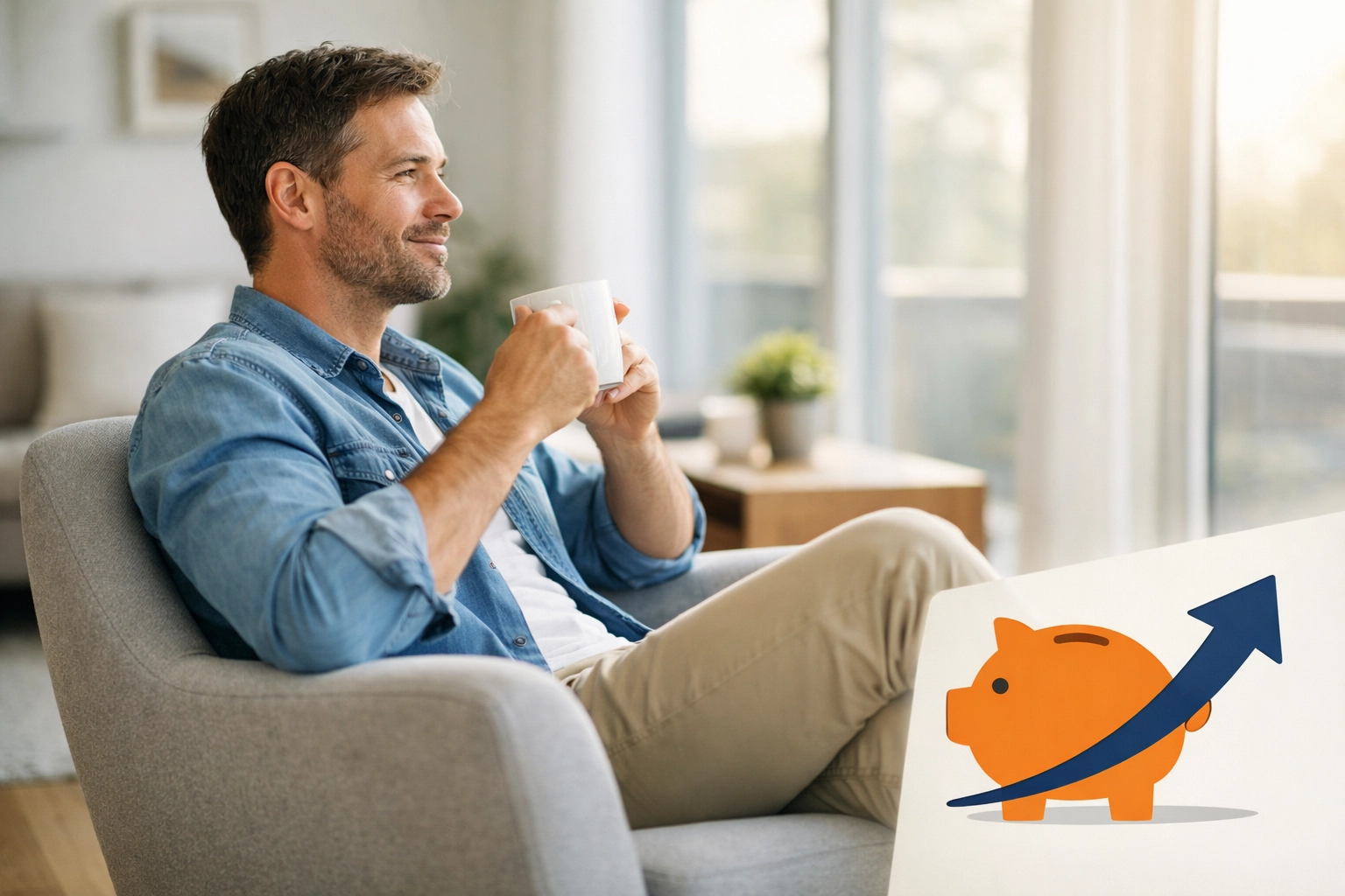 A man enjoying a clutter-free home and financial freedom by choosing access over assets.