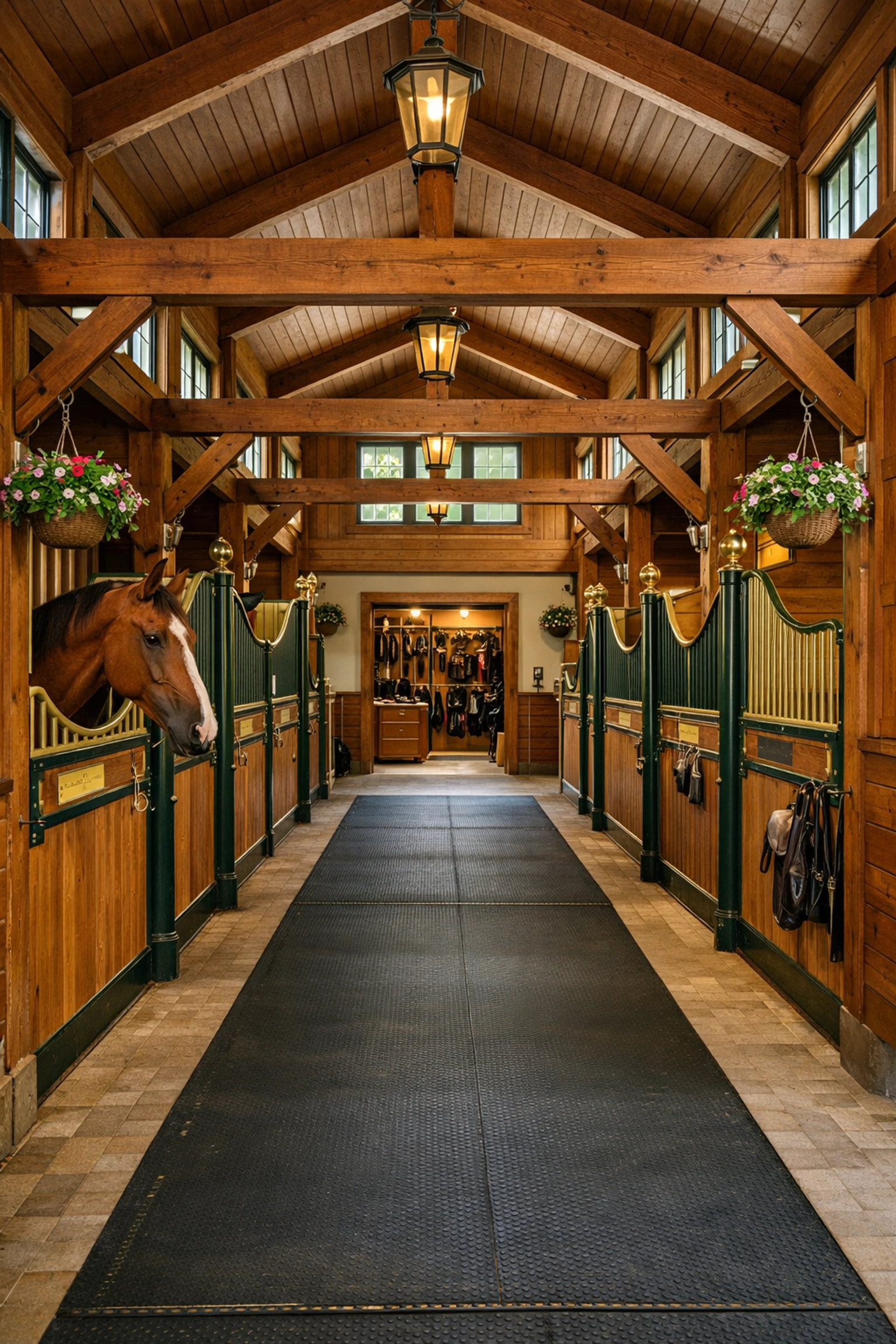 Well-designed horse barn interior with spacious stalls and center aisle in North Carolina