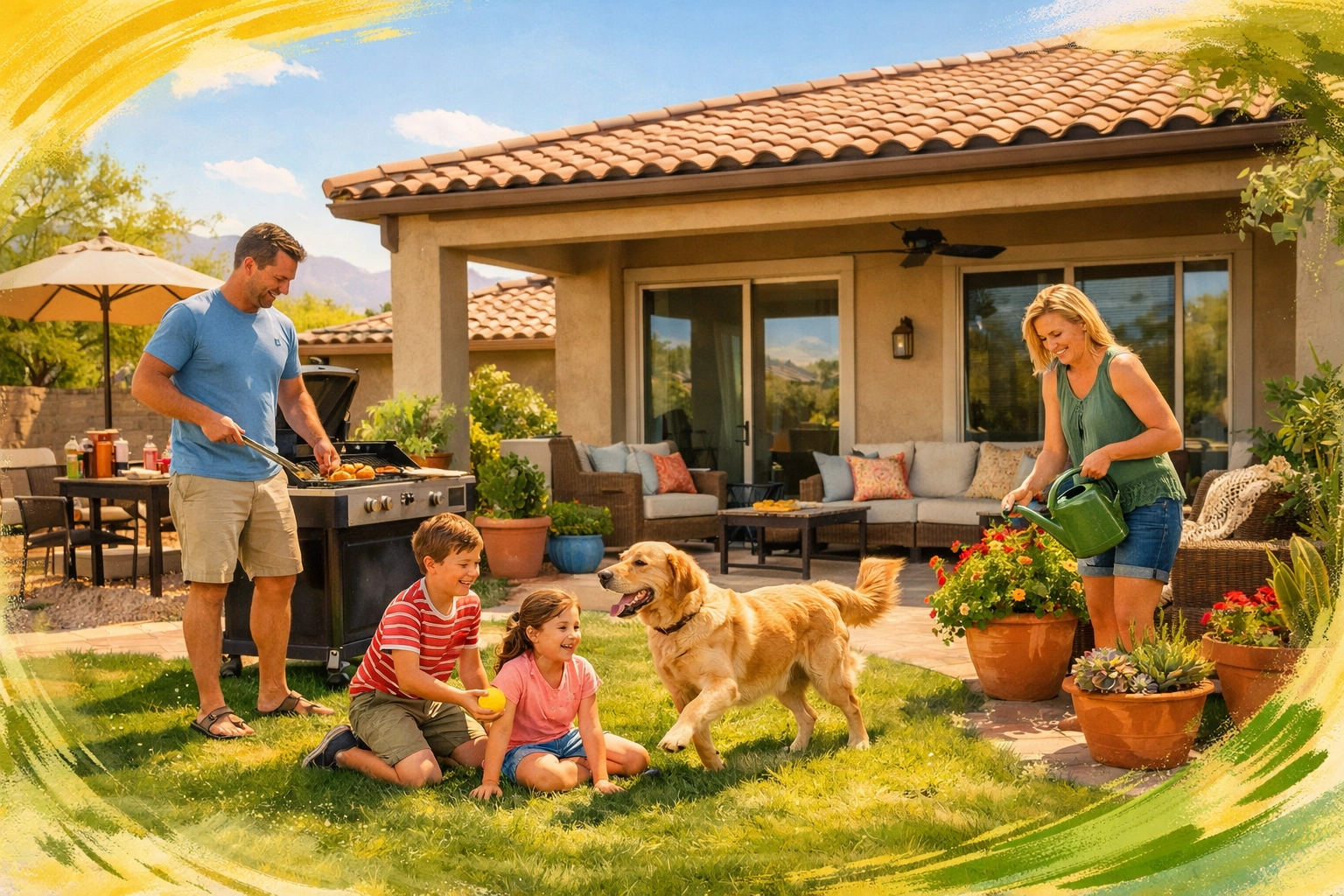 Phoenix family enjoying backyard of affordable home without financial stress Phoenix family enjoying backyard of affordable home without financial stress