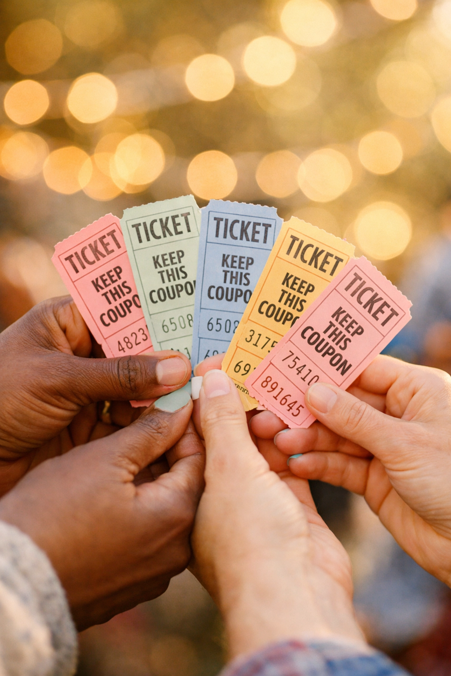 Hands holding colourful raffle tickets for Health Defence Organics charity draw