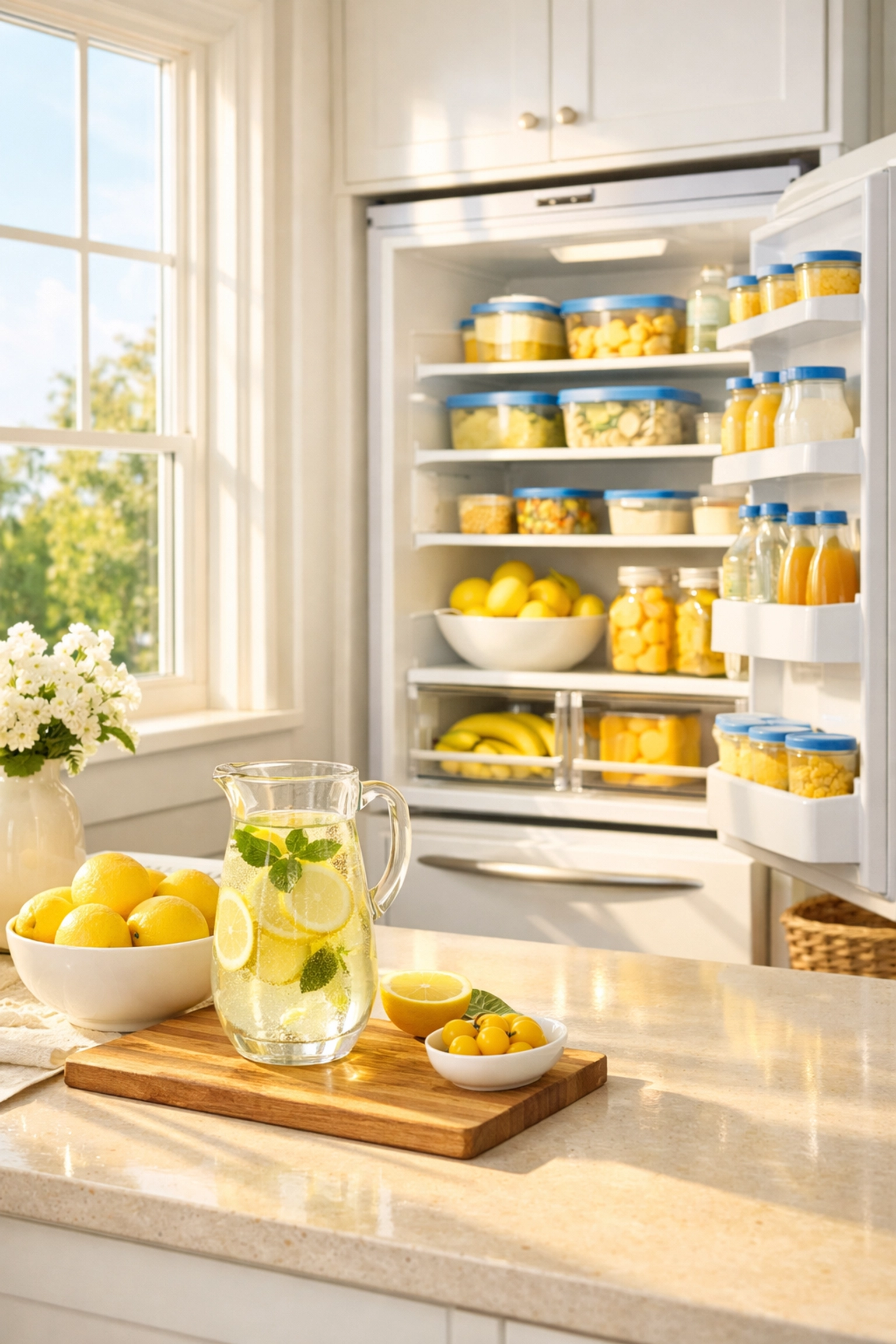 Deep cleaned bright kitchen in Brimfield featuring spotless windows and an organized refrigerator.