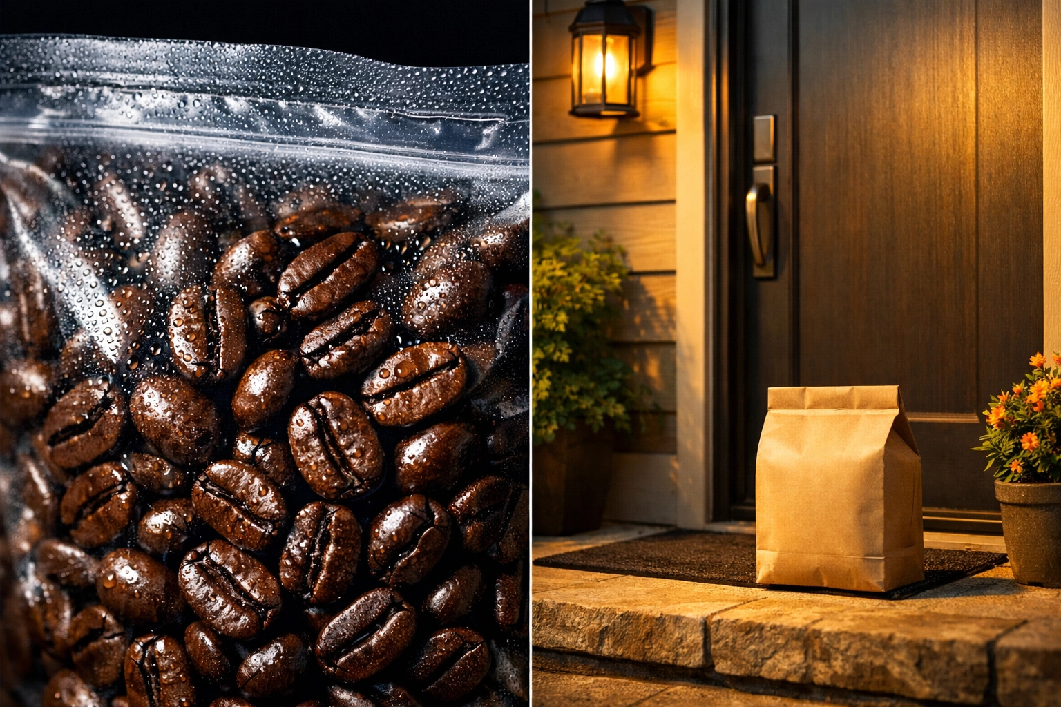 Fresh roasted coffee beans vacuum-sealed and delivered directly to customer's door