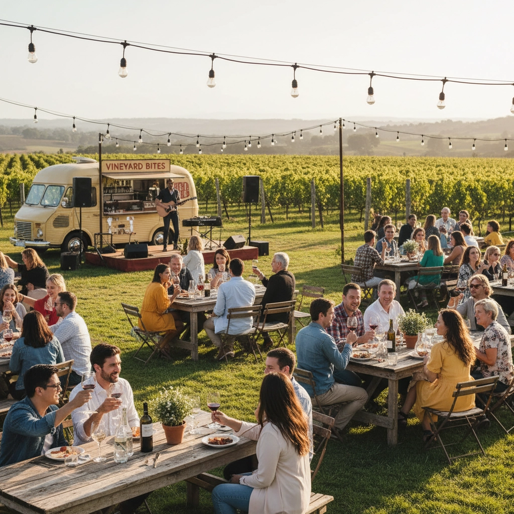 People enjoying wine and live music at Cedarvale Winery, with a food truck in the background. People enjoying wine and live music at Cedarvale Winery, with a food truck in the background.