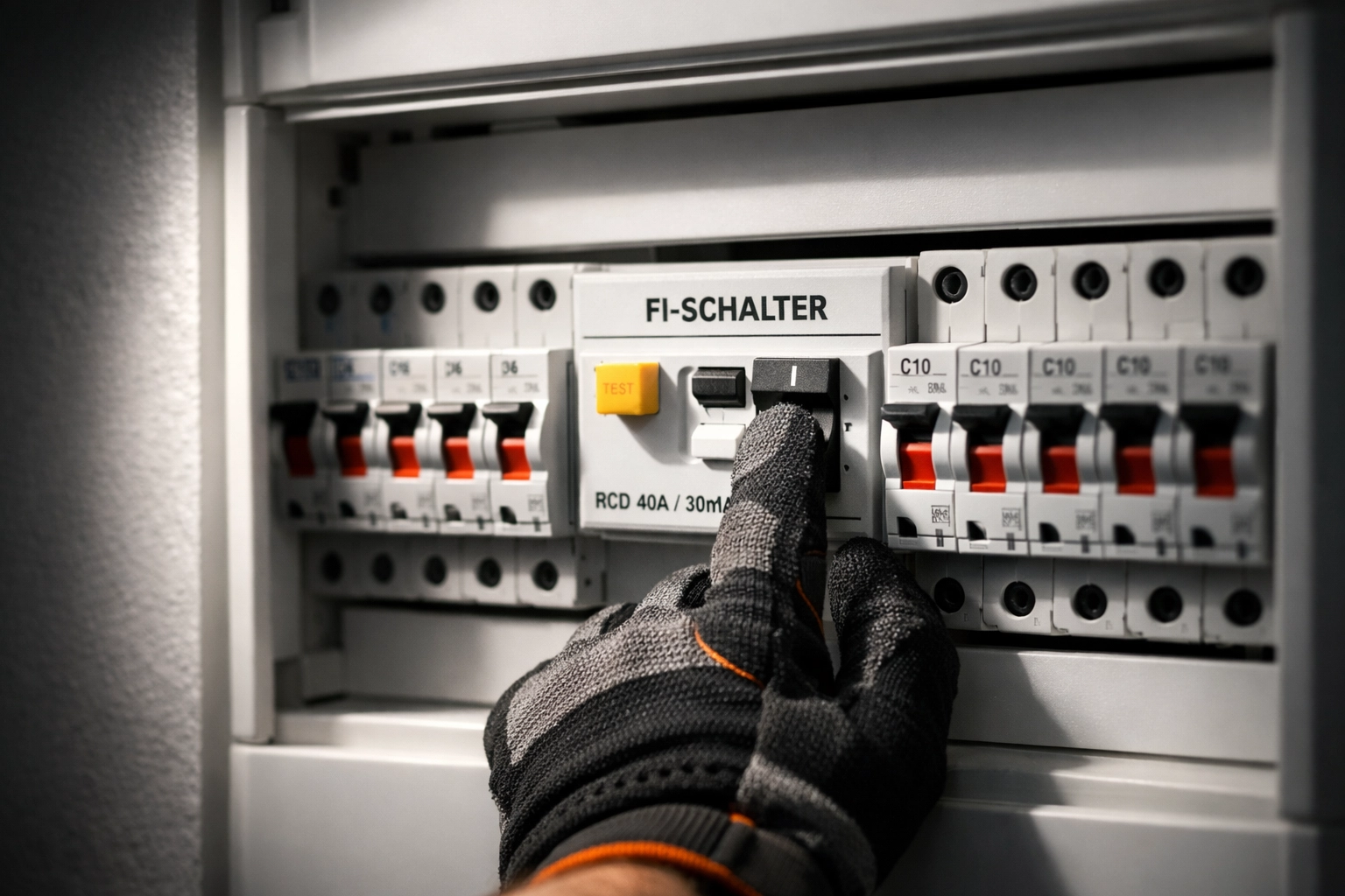 Elektriker prüft FI-Schalter im Sicherungskasten
