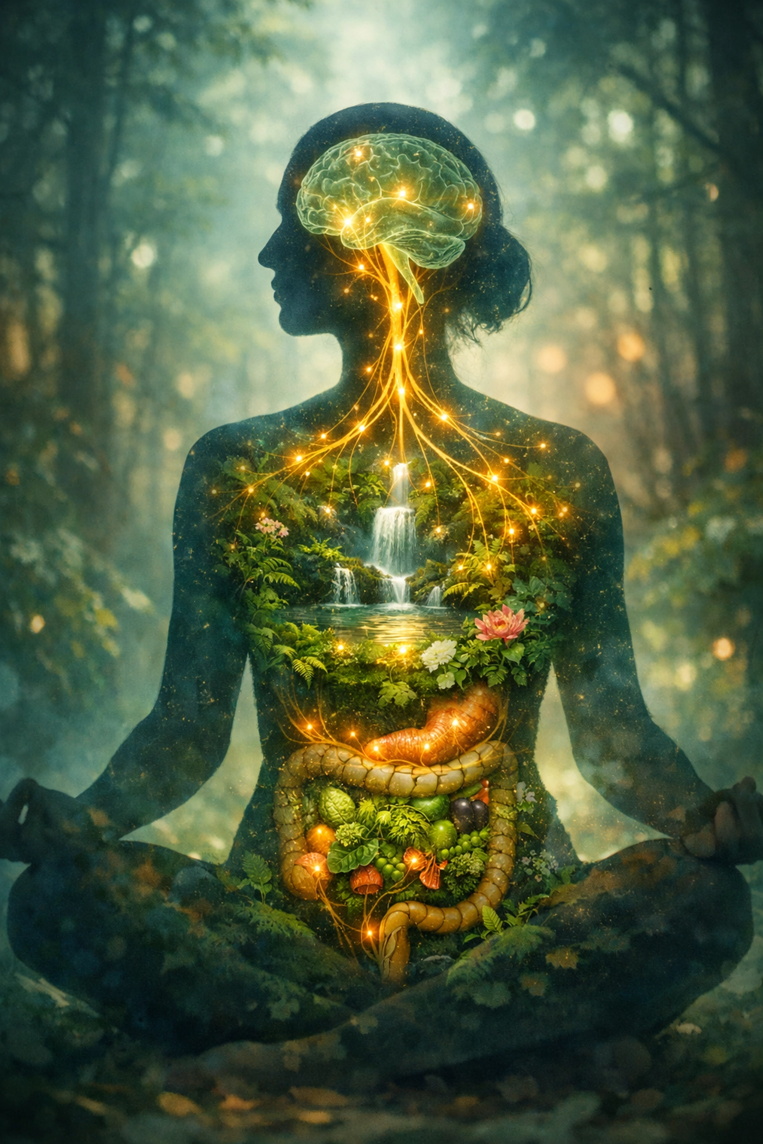 Illustration showing the gut-brain axis and Vagus nerve connection for holistic digestive health.