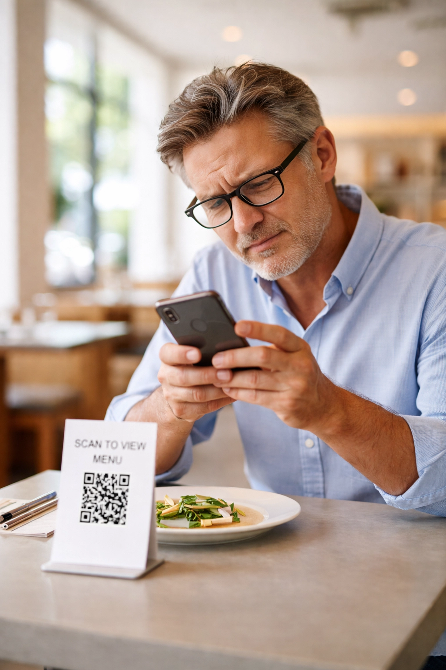 Frustrated diner struggling to scan a QR code menu at a modern restaurant, highlighting digital dining challenges