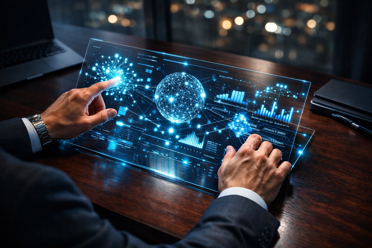 A professional verifying complex AI data on a holographic interface for secure human oversight.