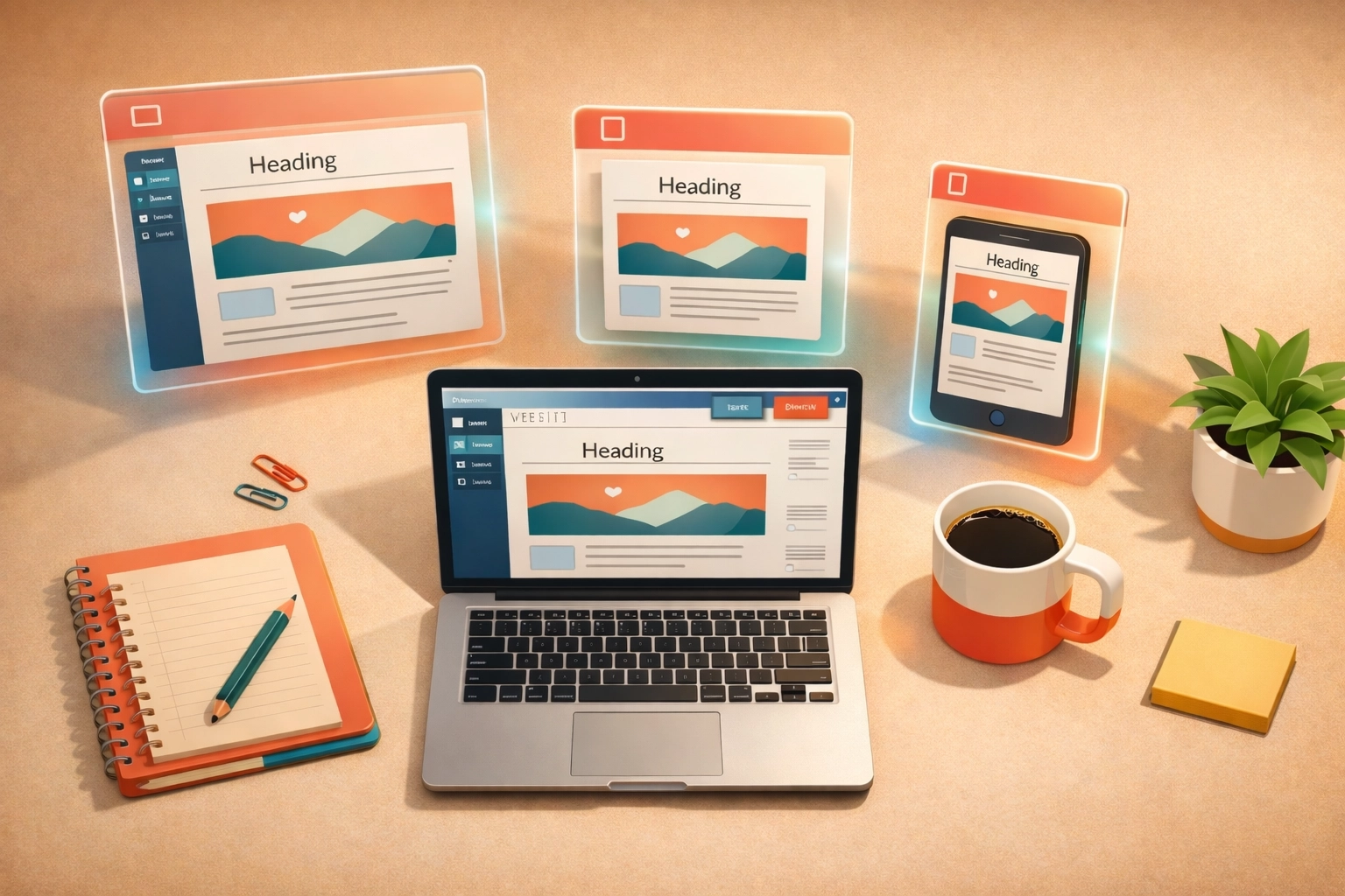 Content editor workspace showing responsive website previews at desktop, tablet, and mobile sizes