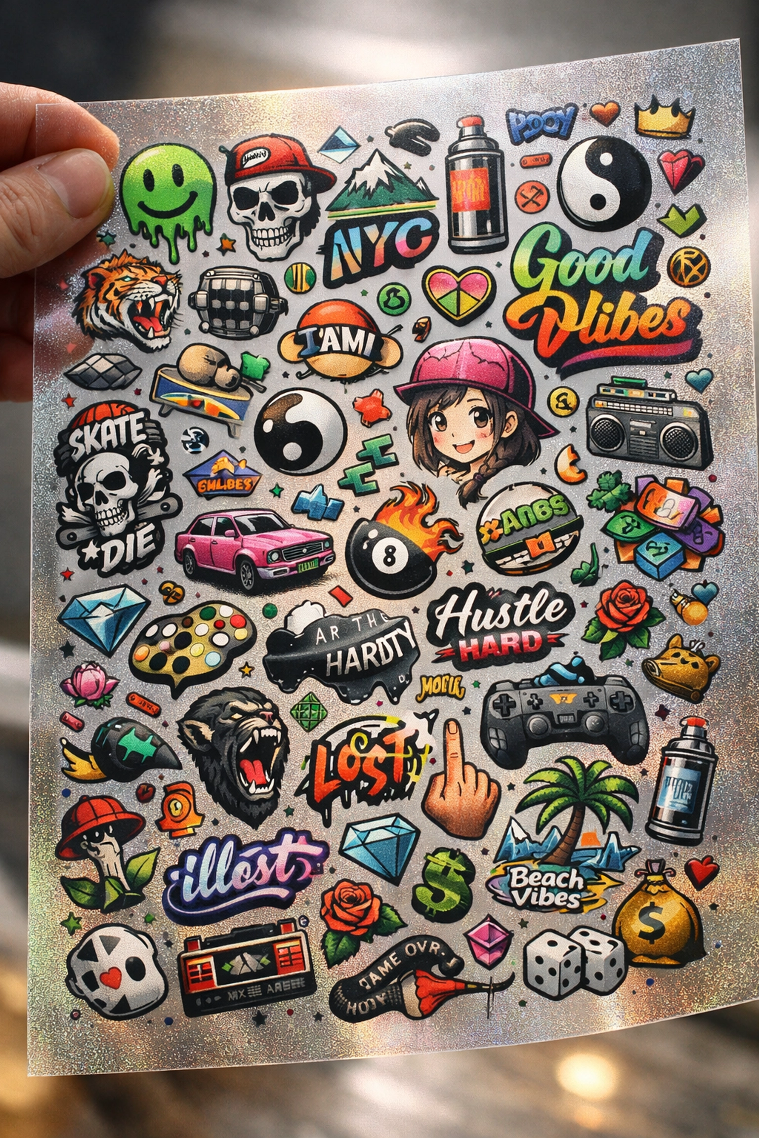 A detailed custom gang sheet featuring multiple graphics to optimize apparel printing profit.