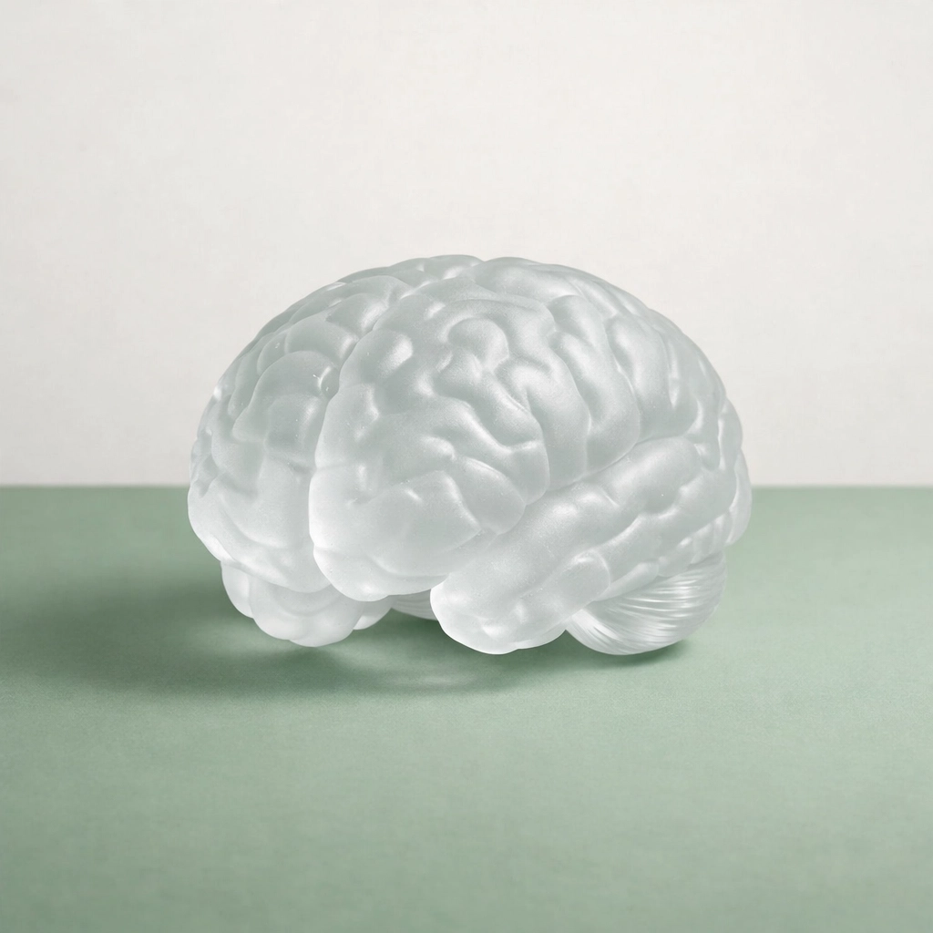 A minimalist glass brain sculpture representing neurowellness and cognitive health metrics.