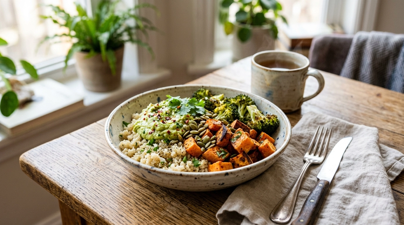 A fresh gluten-free power bowl with roasted vegetables, quinoa, and avocado in a cozy home setting
