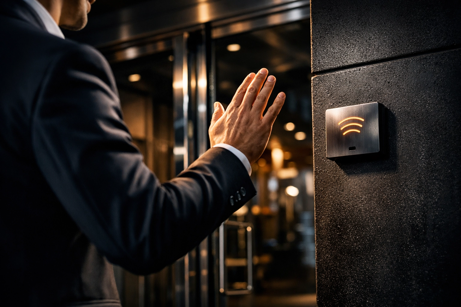 Smart door reader on a commercial building entrance for secure mobile business access.