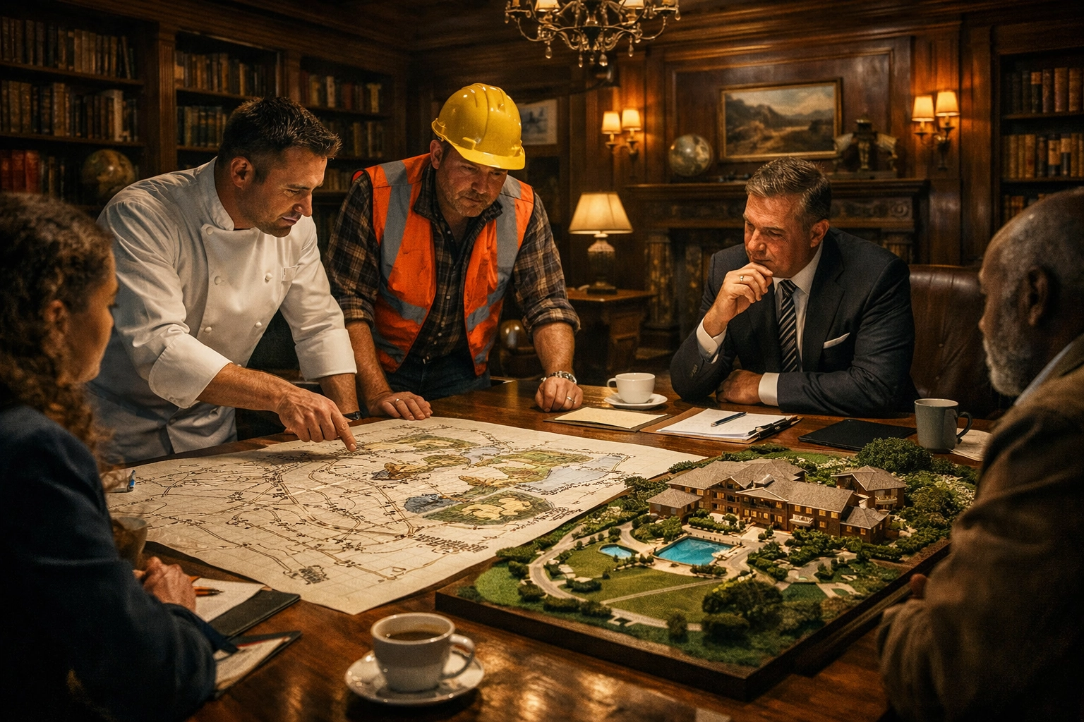 Diverse hospitality team collaborating on a strategic project model to drive growth beyond the C-suite.