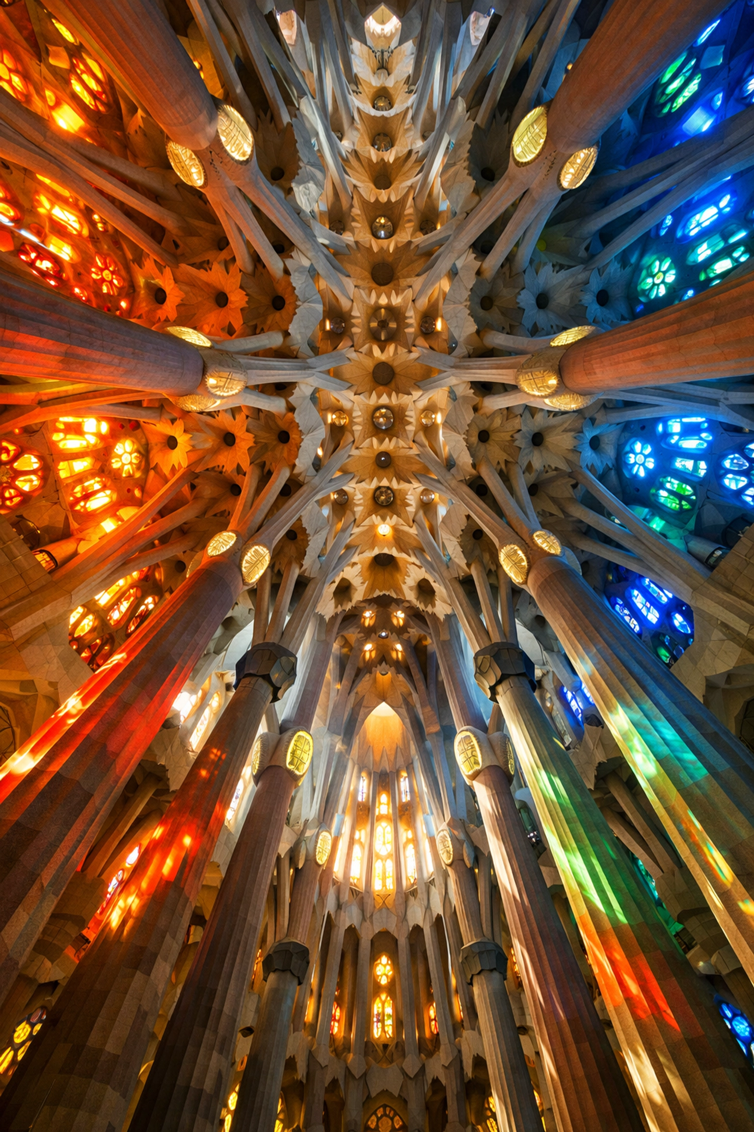 Vibrant light through stained glass in Sagrada Família, an iconic Barcelona photography spot.