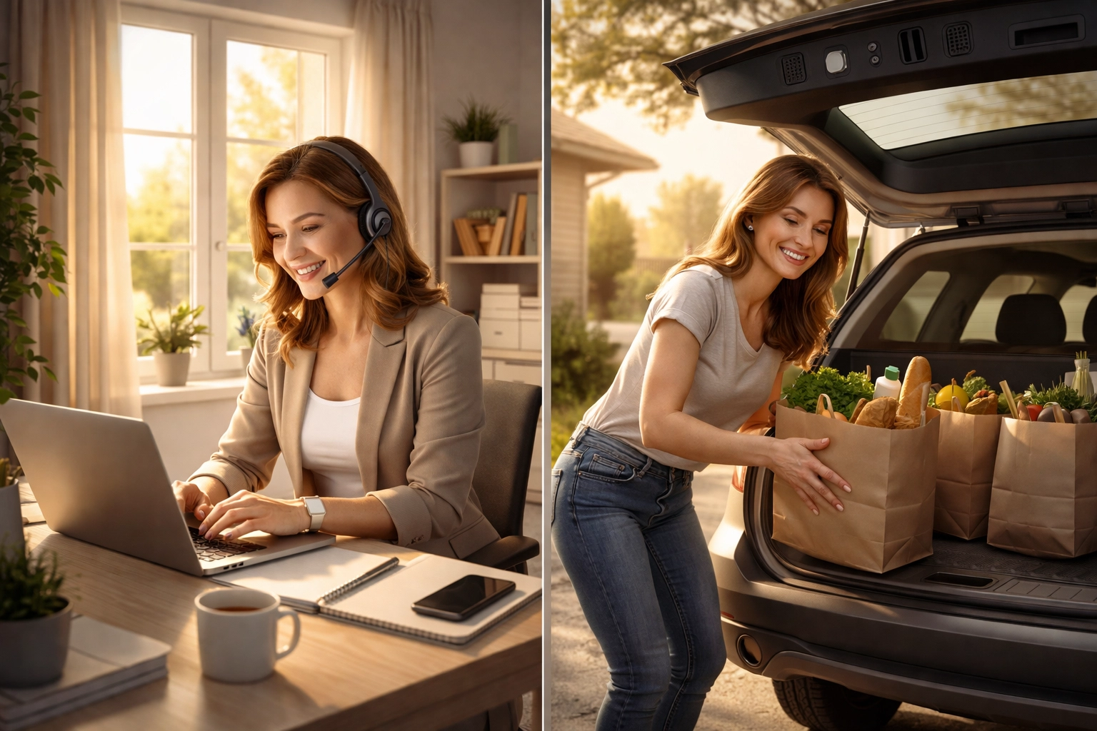 A woman balances remote office work and grocery delivery, reflecting the modern two-hustle household life.