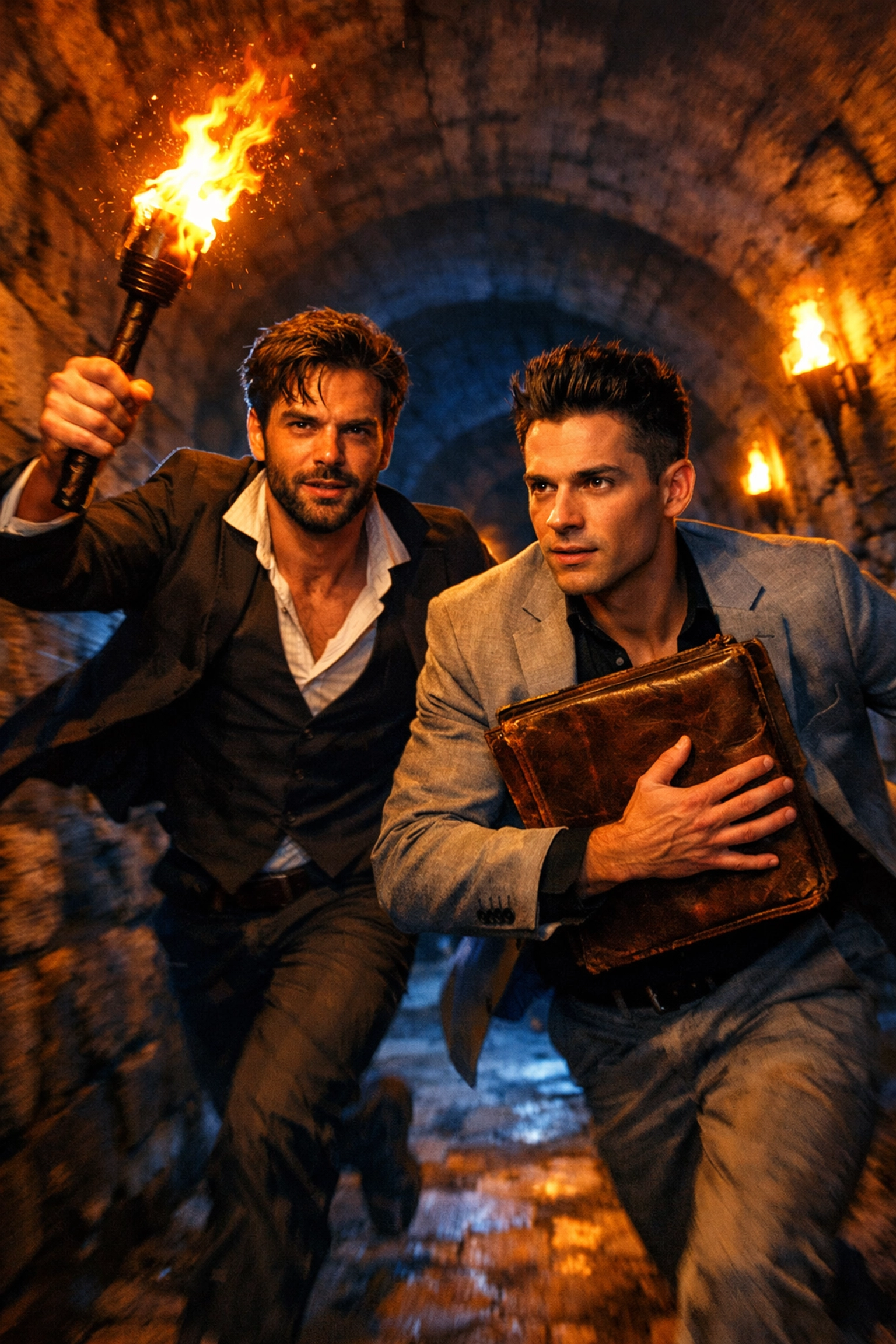 Two men fleeing through a secret stone passage in a high-stakes MM adventure romance scene.