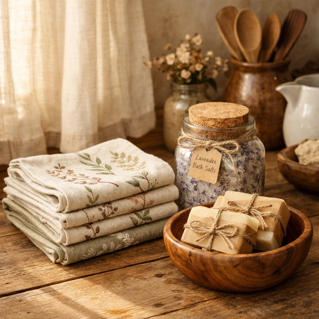 Functional handmade gifts like linen tea towels and artisanal soap on a rustic farmhouse kitchen counter.