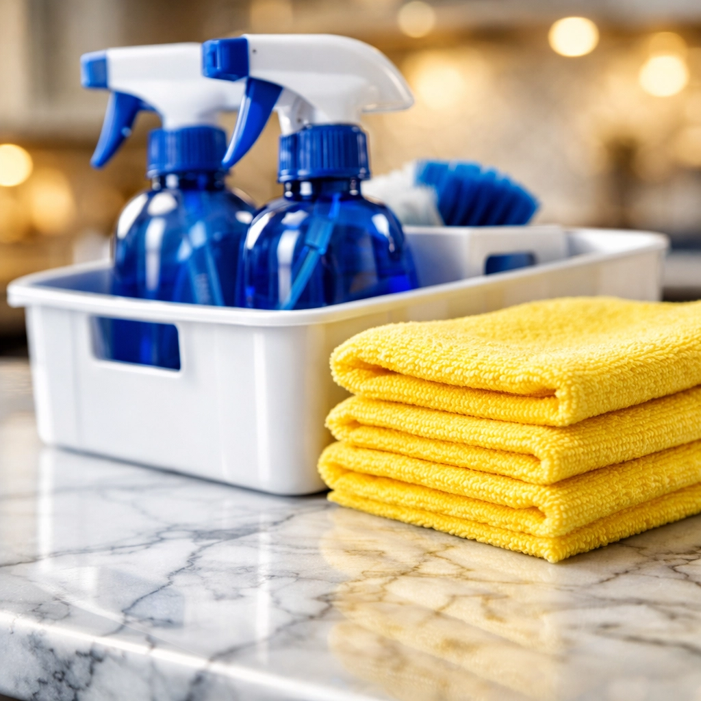 Professional house cleaning Cambridge MA supplies on a spotless marble kitchen counter.