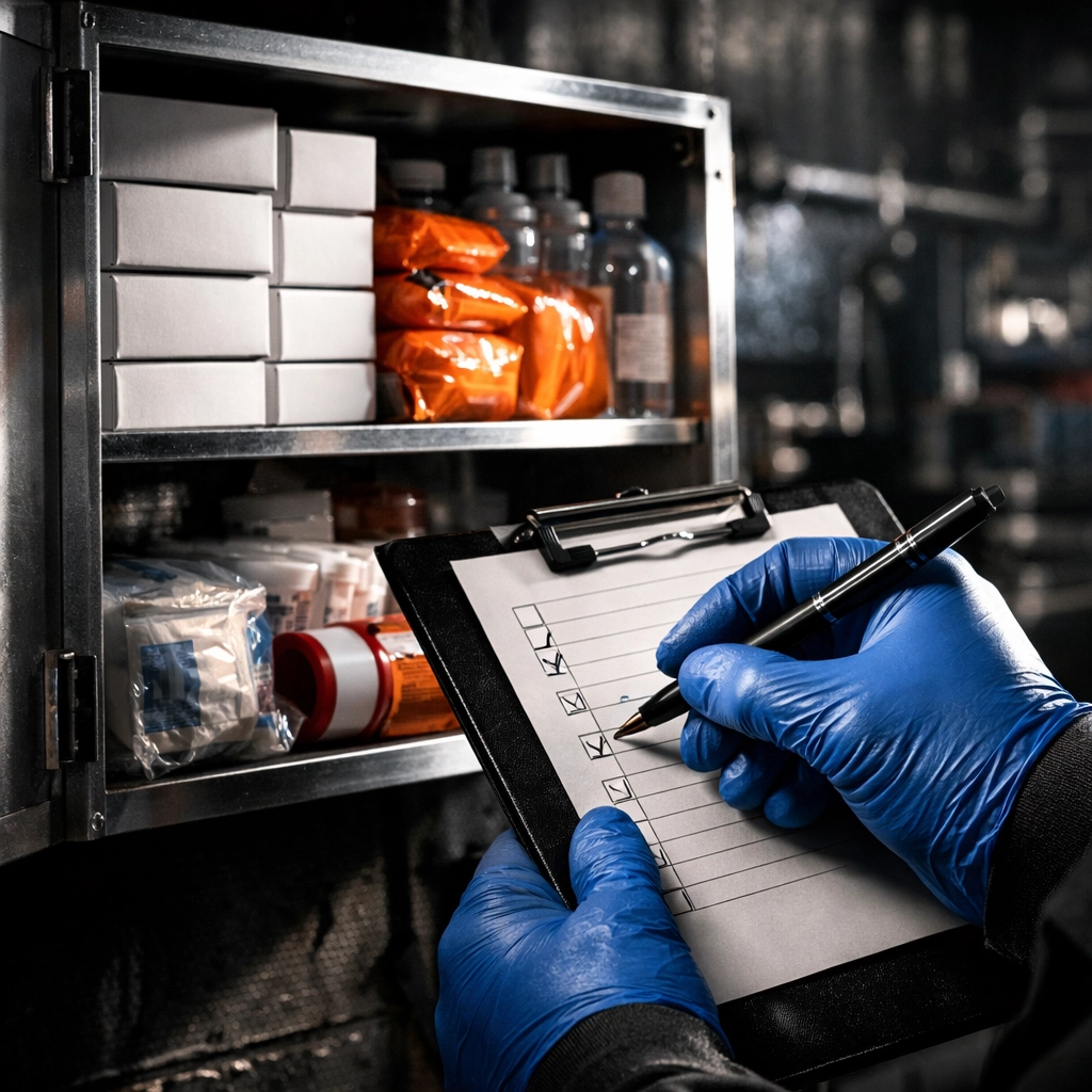 Professional technician performing a first aid kit restocking service in a Fort Wayne shop.