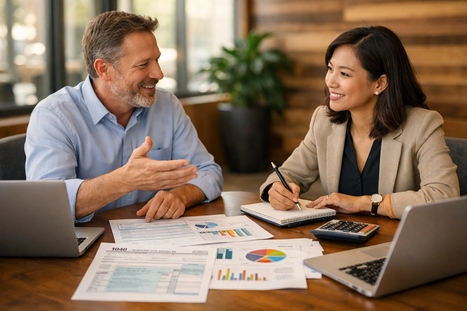 Tax professional consulting with small business owner on strategic tax planning and deductions