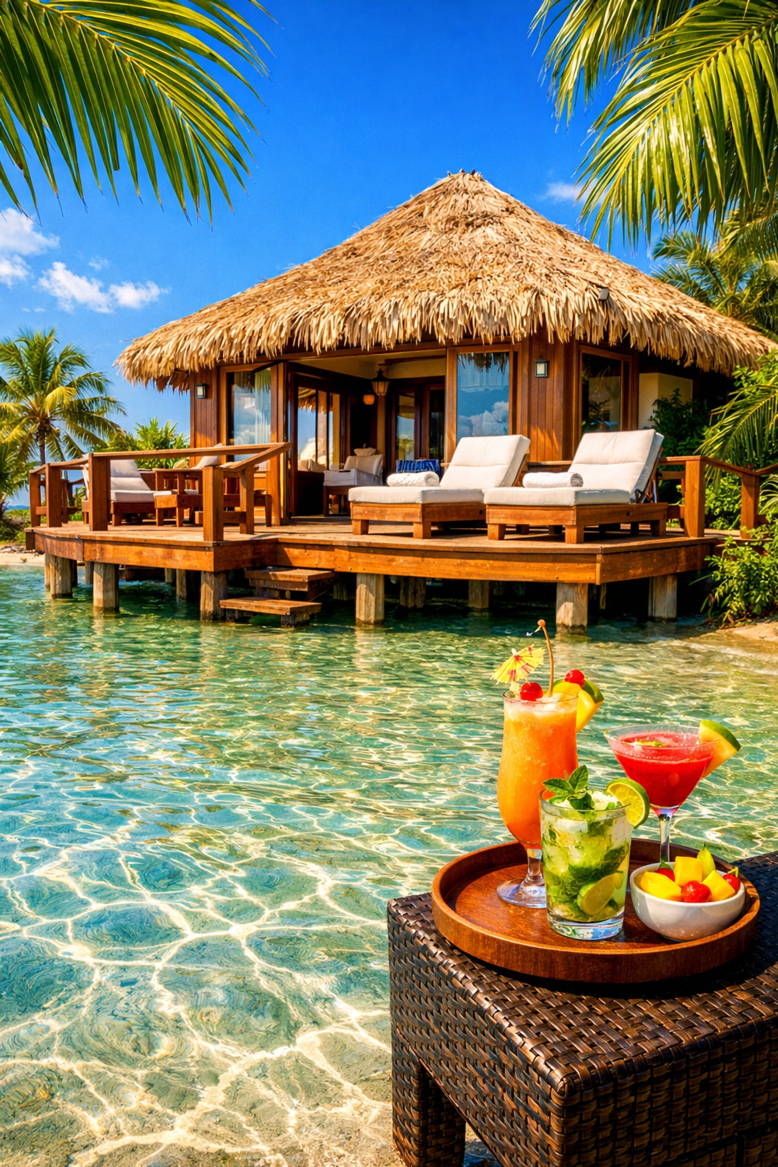 Luxury beach villa at Harvest Caye for exclusive family reunion cruise experiences.