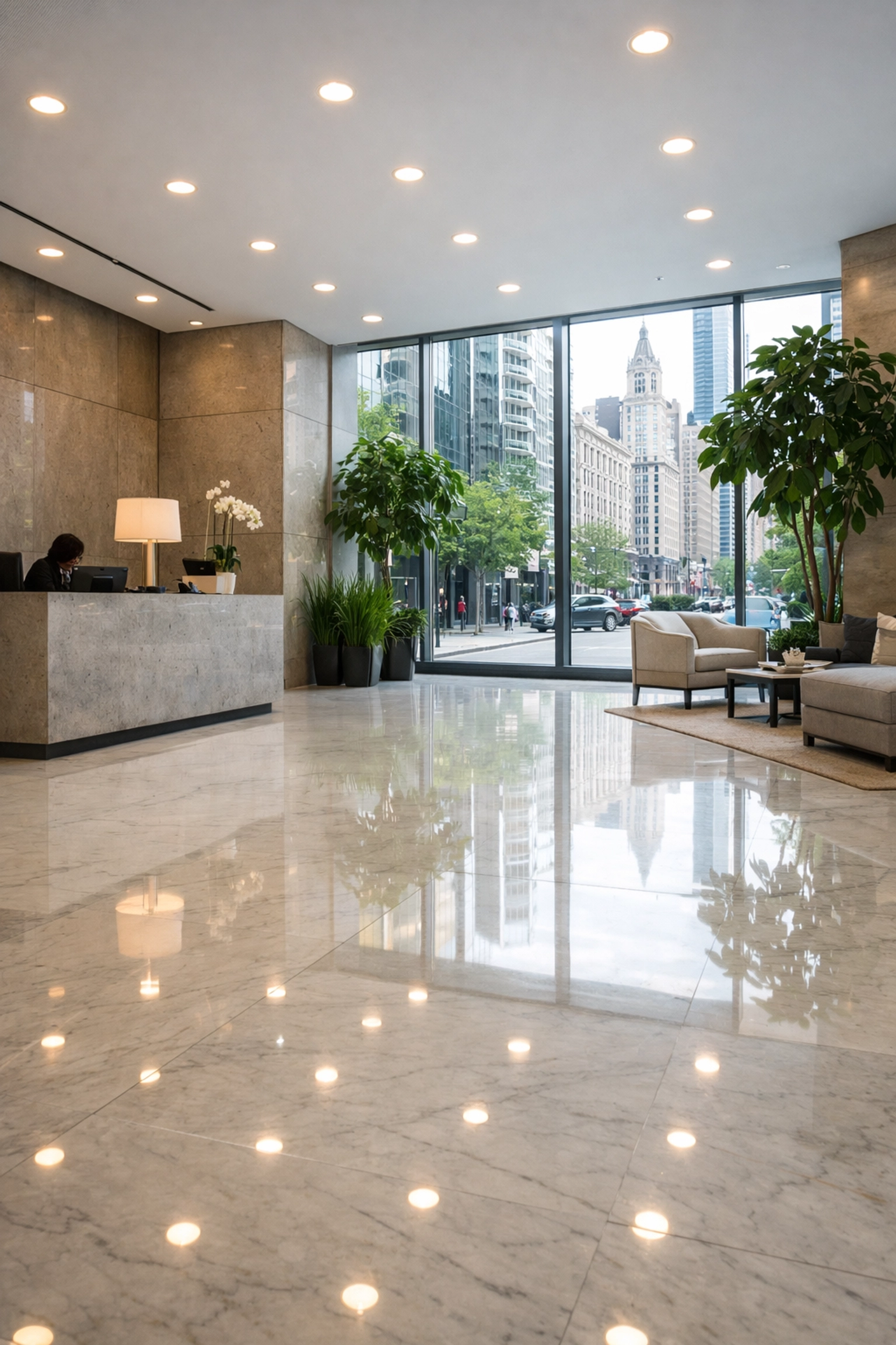 Impeccably clean modern high-rise residential lobby in downtown Chicago reflecting professional janitorial standards.
