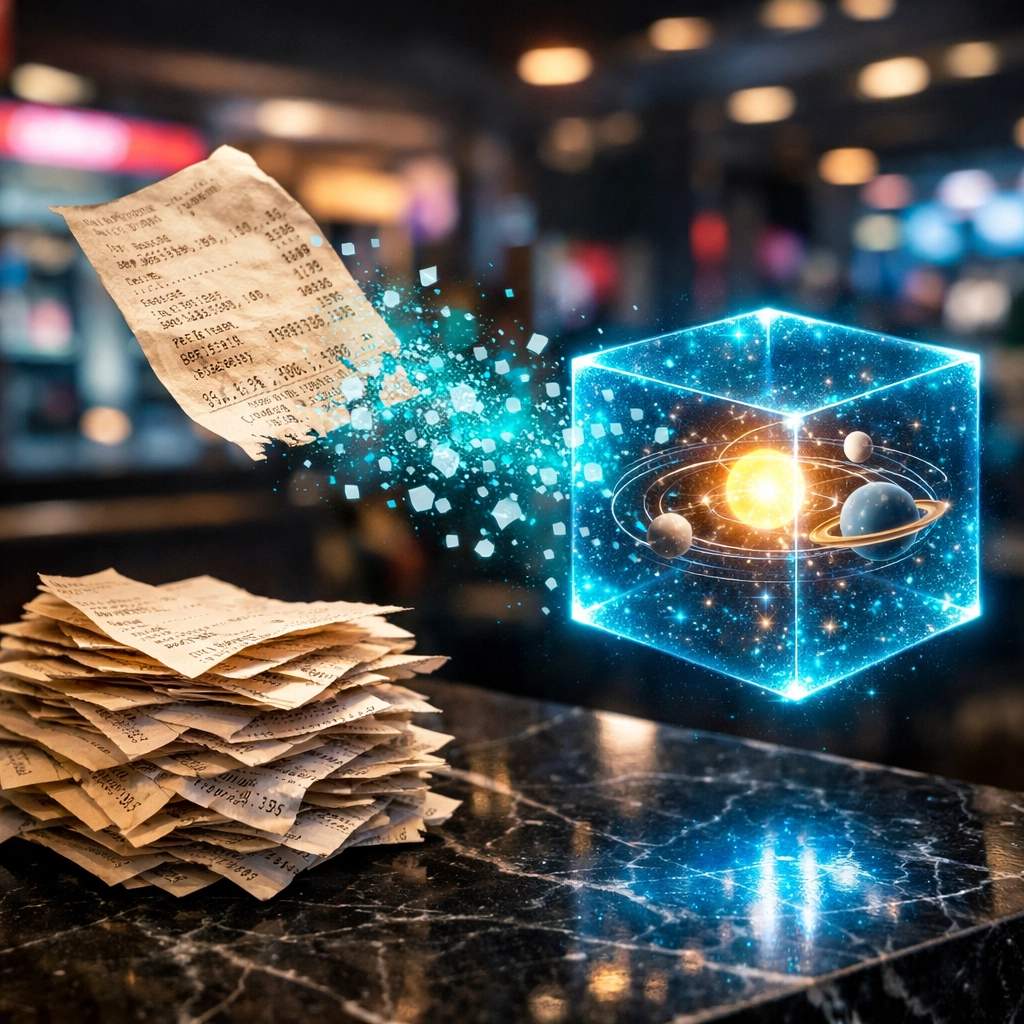 Traditional paper receipt transforming into digital data for Web3 merchant NFT receipts.