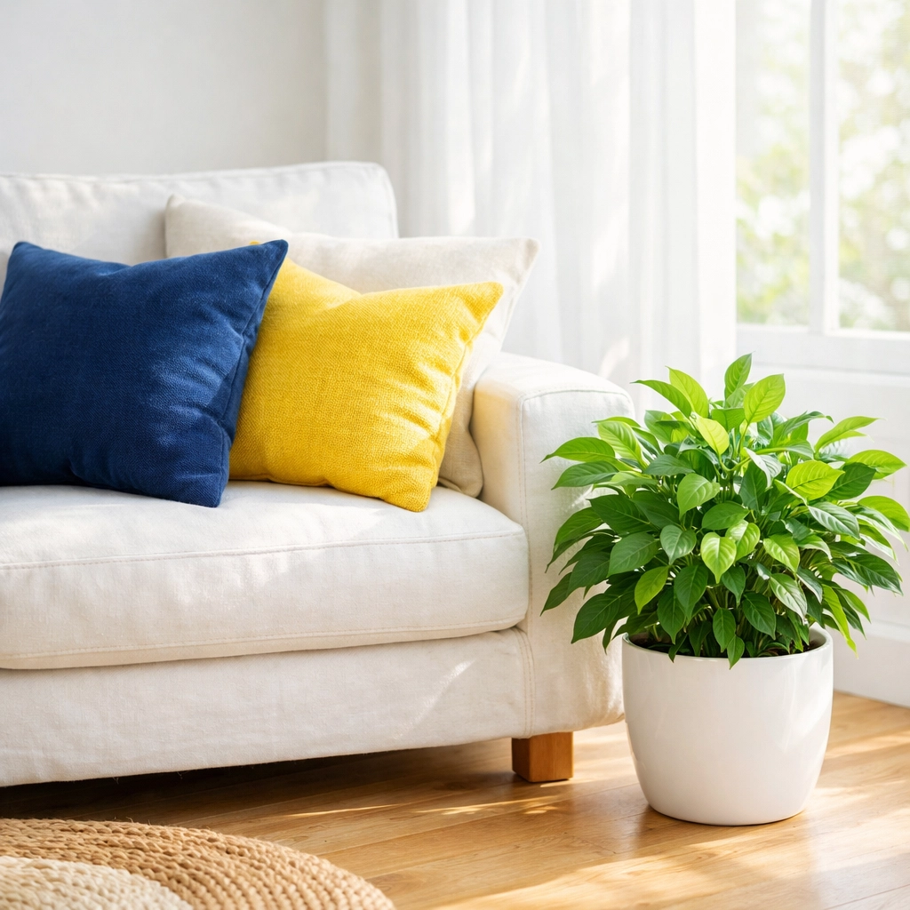 Freshly cleaned Groton living area with vibrant plants and organized furniture after residential cleaning.