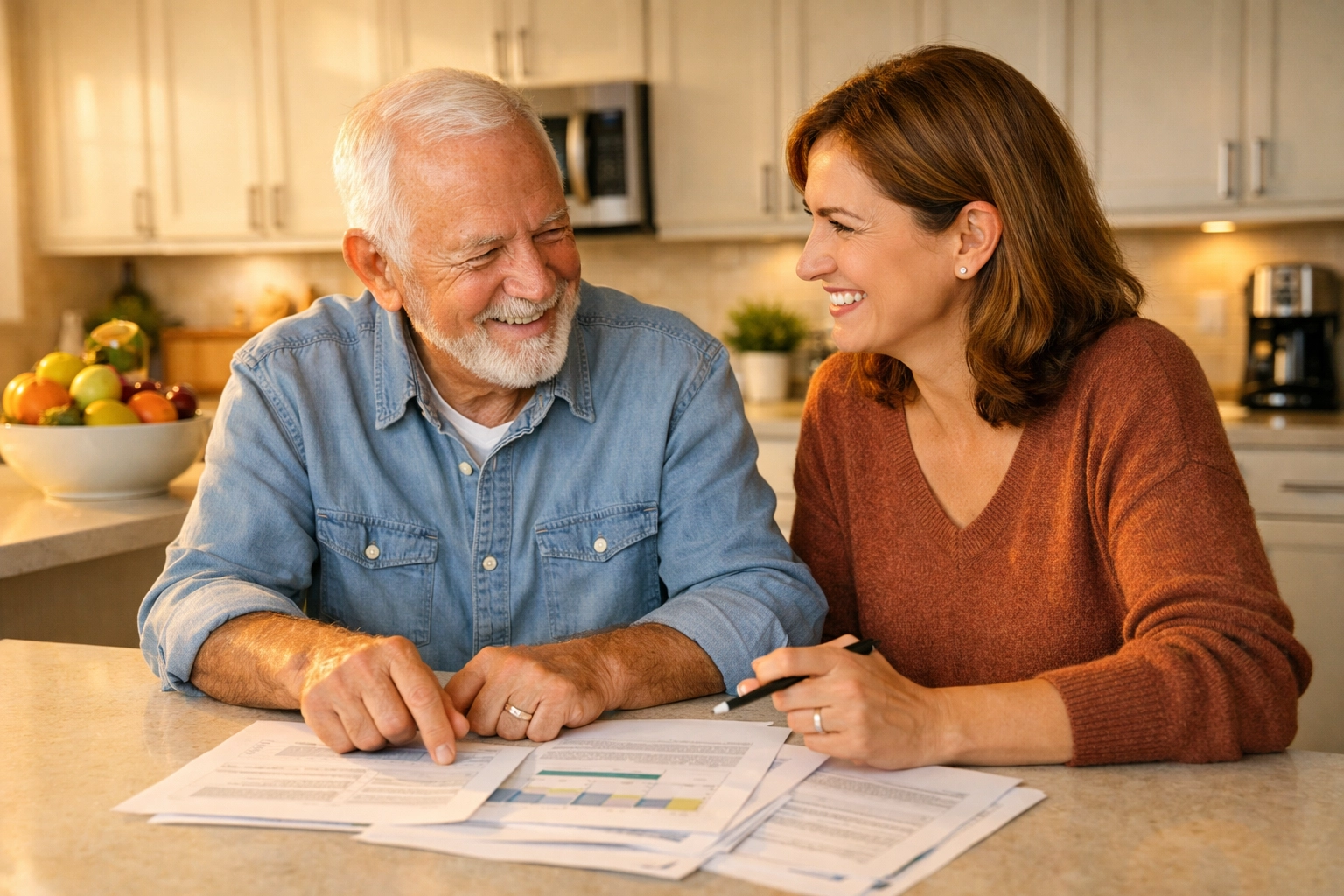 Family members discussing a home safety action plan following a professional mobility evaluation.