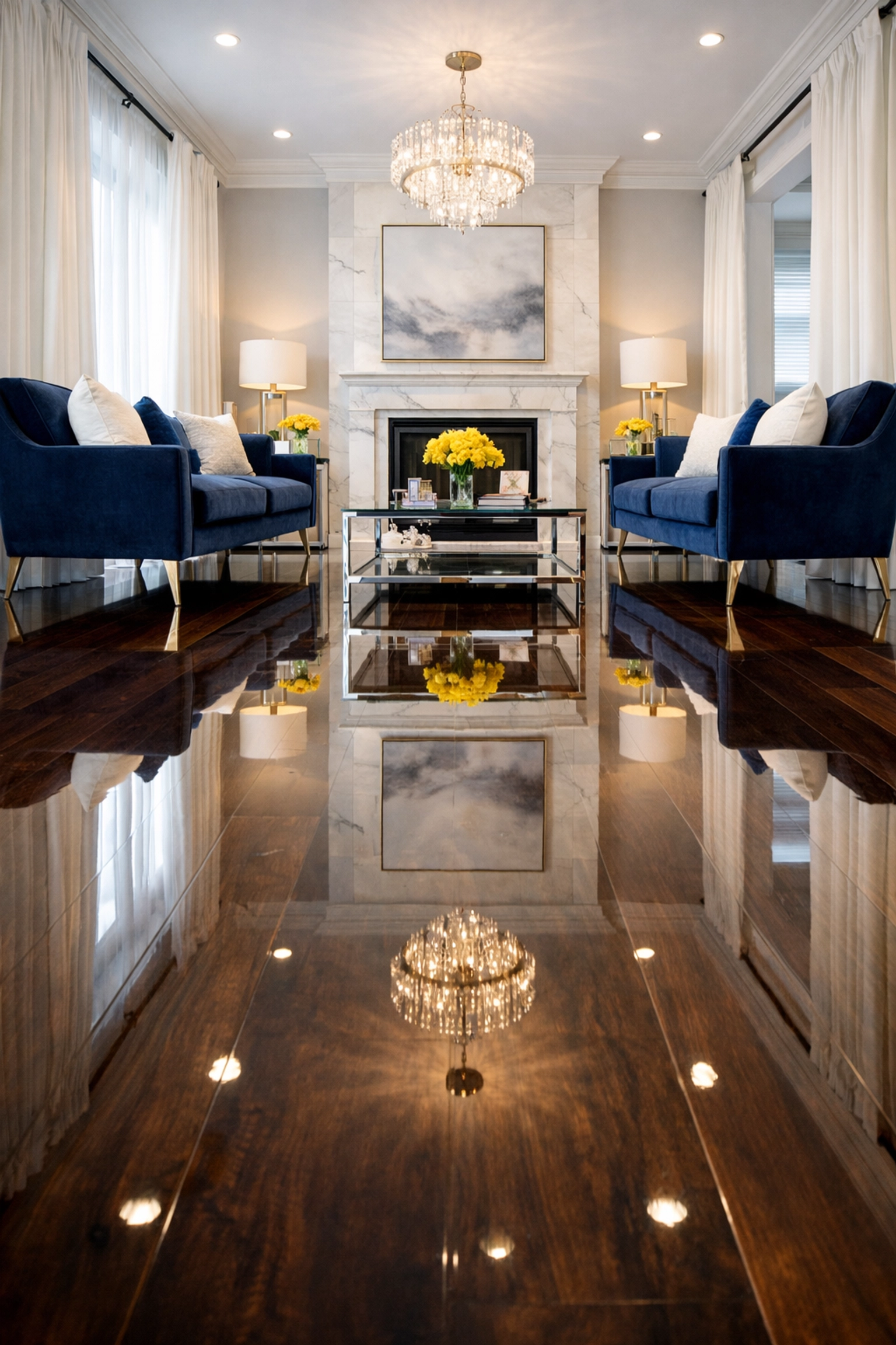 Clean luxury living room with shiny hardwood floors after post-construction cleaning MA.