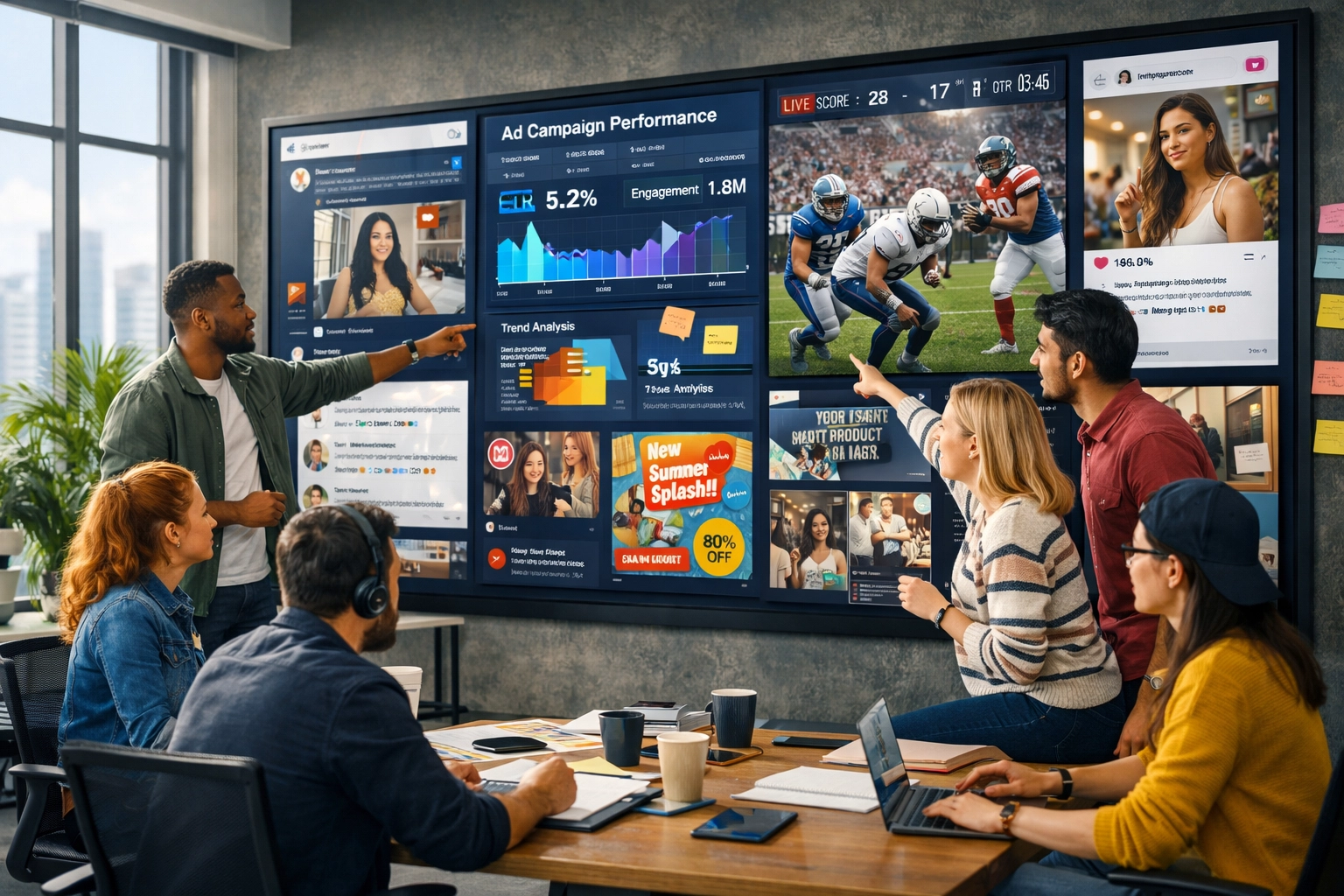 Digital marketing team collaborating on sports betting campaign strategy with multi-channel content