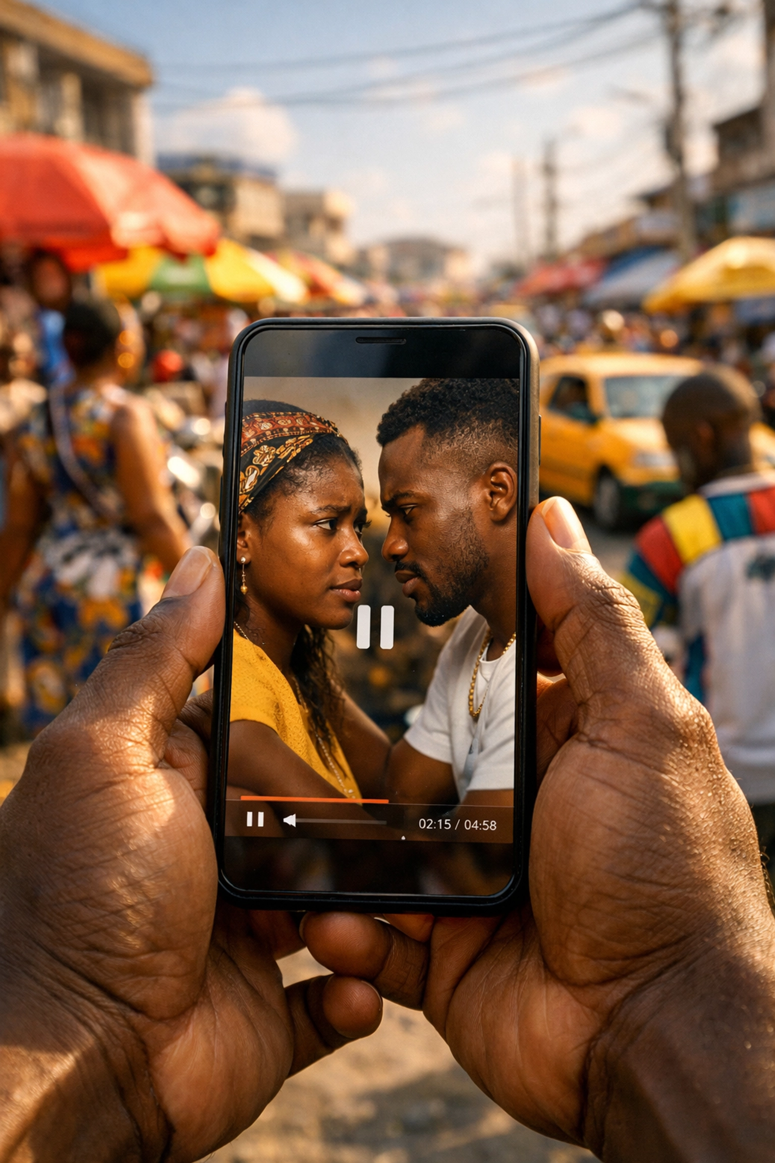 Vertical micro drama displayed on smartphone against vibrant Accra street scene backdrop