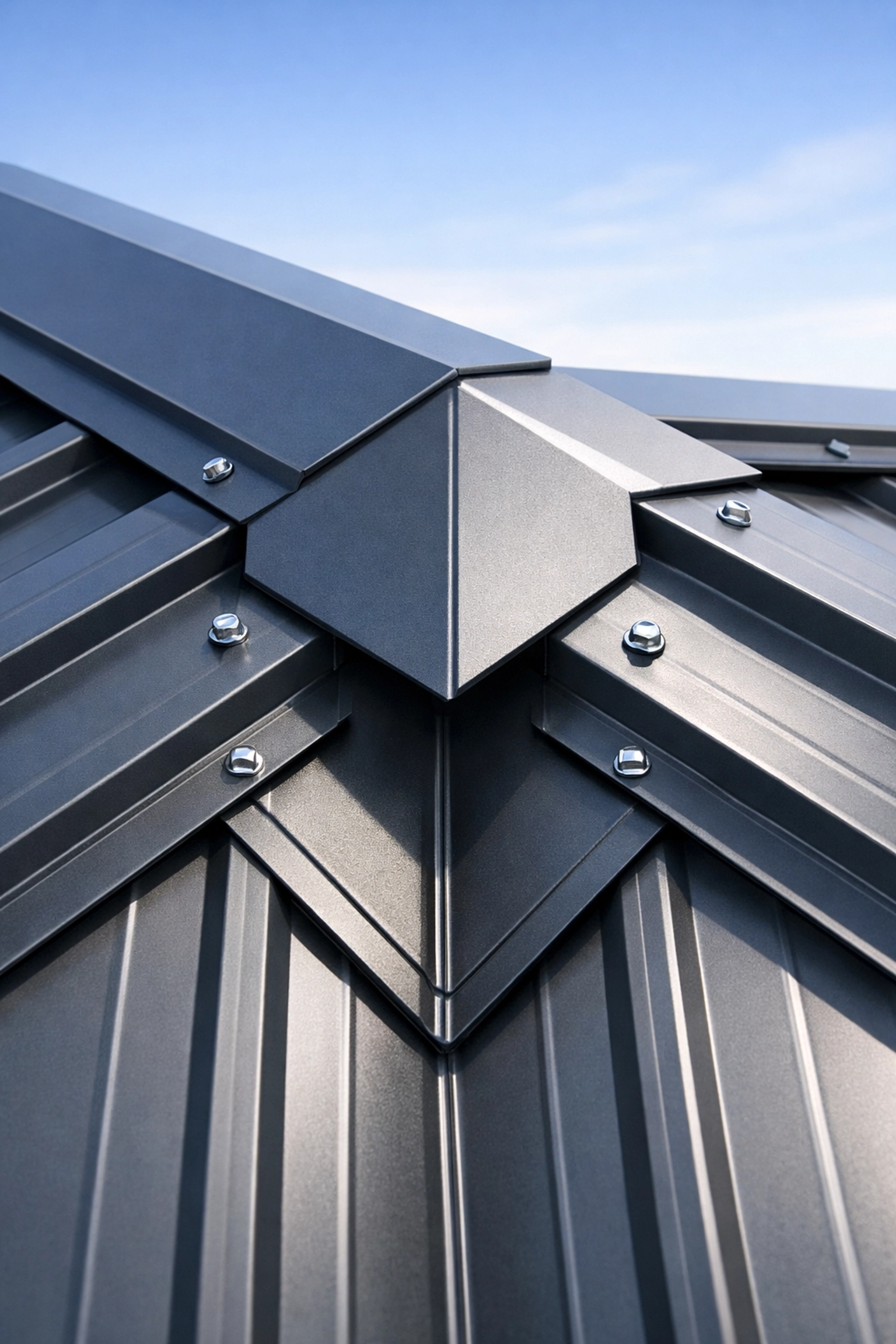 Close-up of a professionally installed metal roof ridge cap and valley showing expert roofing craftsmanship.