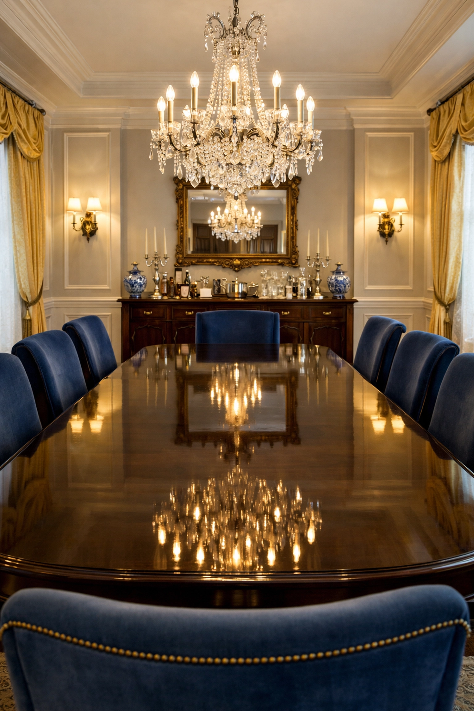 A polished formal dining room in a Massachusetts manor, perfectly prepared by professional residential cleaning Massachusetts.