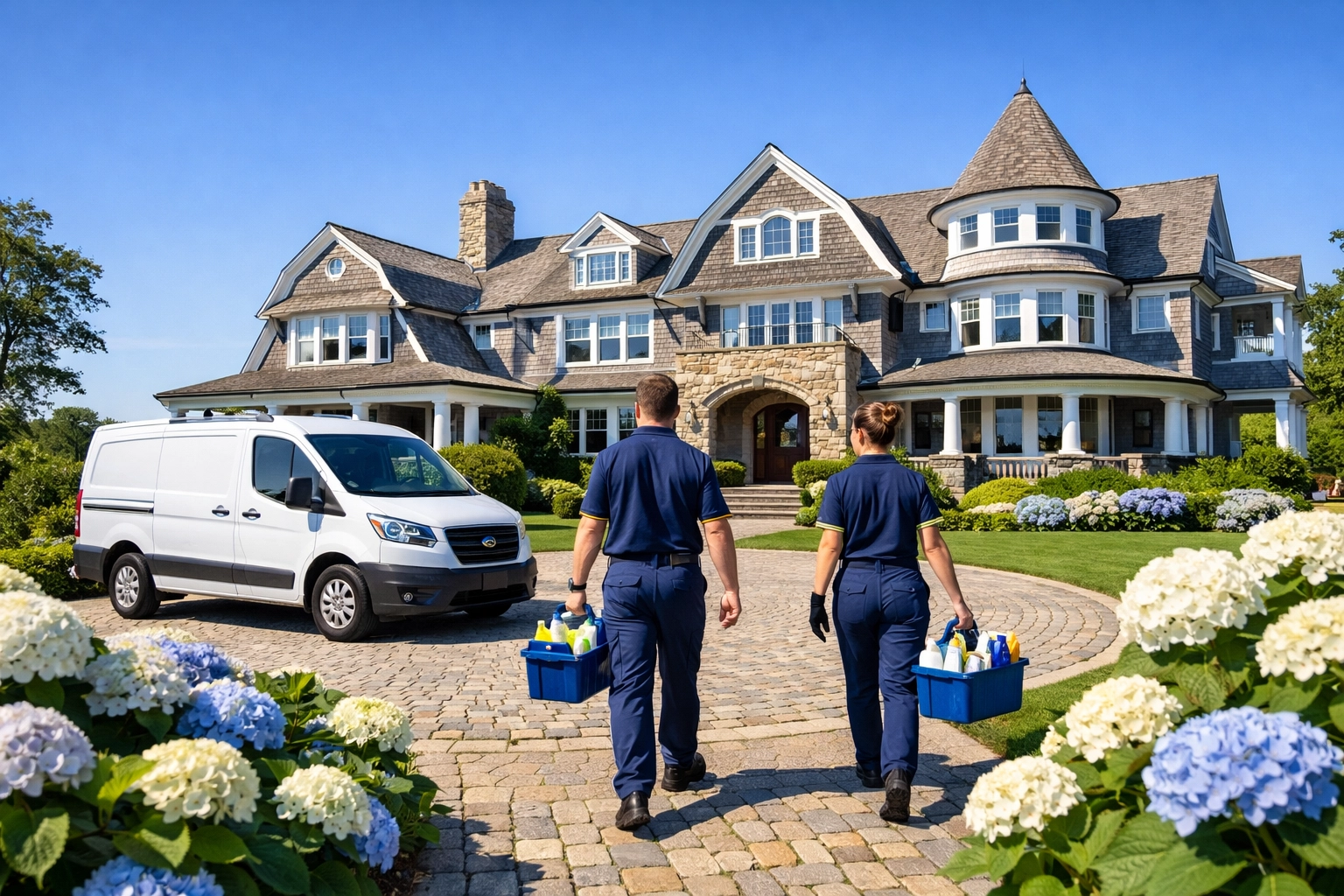 A professional cleaning crew arriving at a luxury Scituate estate for residential maintenance.
