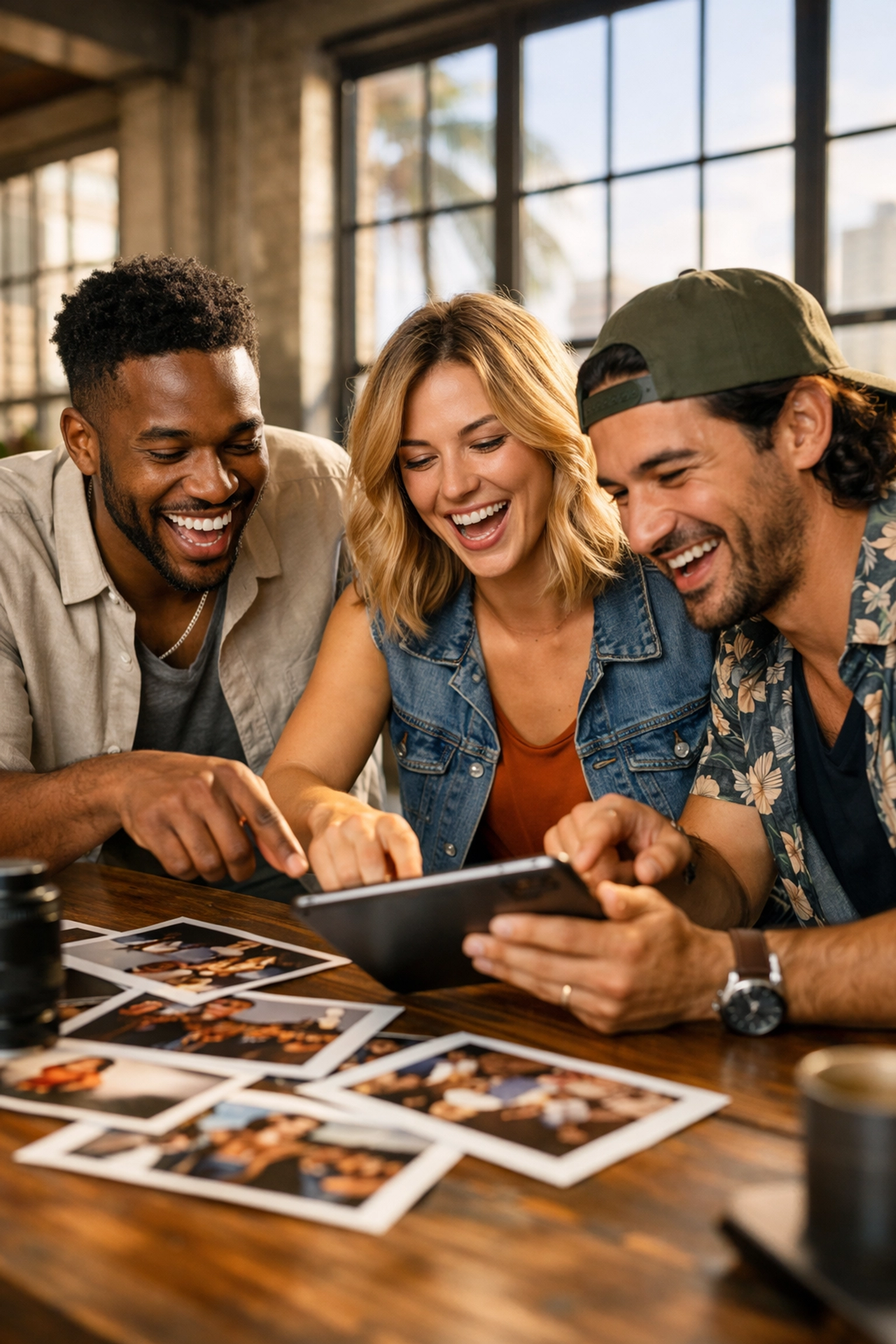 A diverse creative team collaborating on a project in a bright Miami brand photography loft.