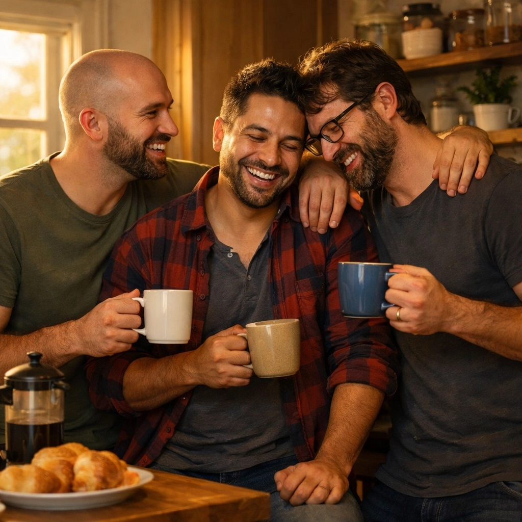 Three men sharing coffee in a polyamorous relationship, redefining queer relationship milestones
