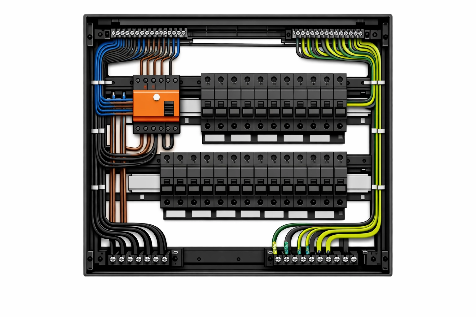 Professionelle Unterverteilung mit Sicherungsautomaten und FI-Schutzschalter für sichere Elektroinstallation.